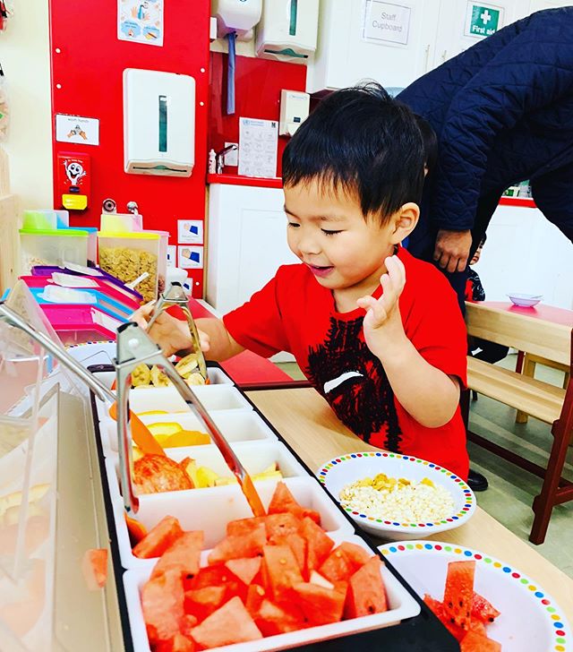 It&rsquo;s wonderful to see our little ones excited about our completely organic self serving breakfast. 👩&zwj;🍳 Come and see our selection of organic fruit, granolas, fruit spreads,breads and pancakes offered to the children from 7.30am 🥐🥯