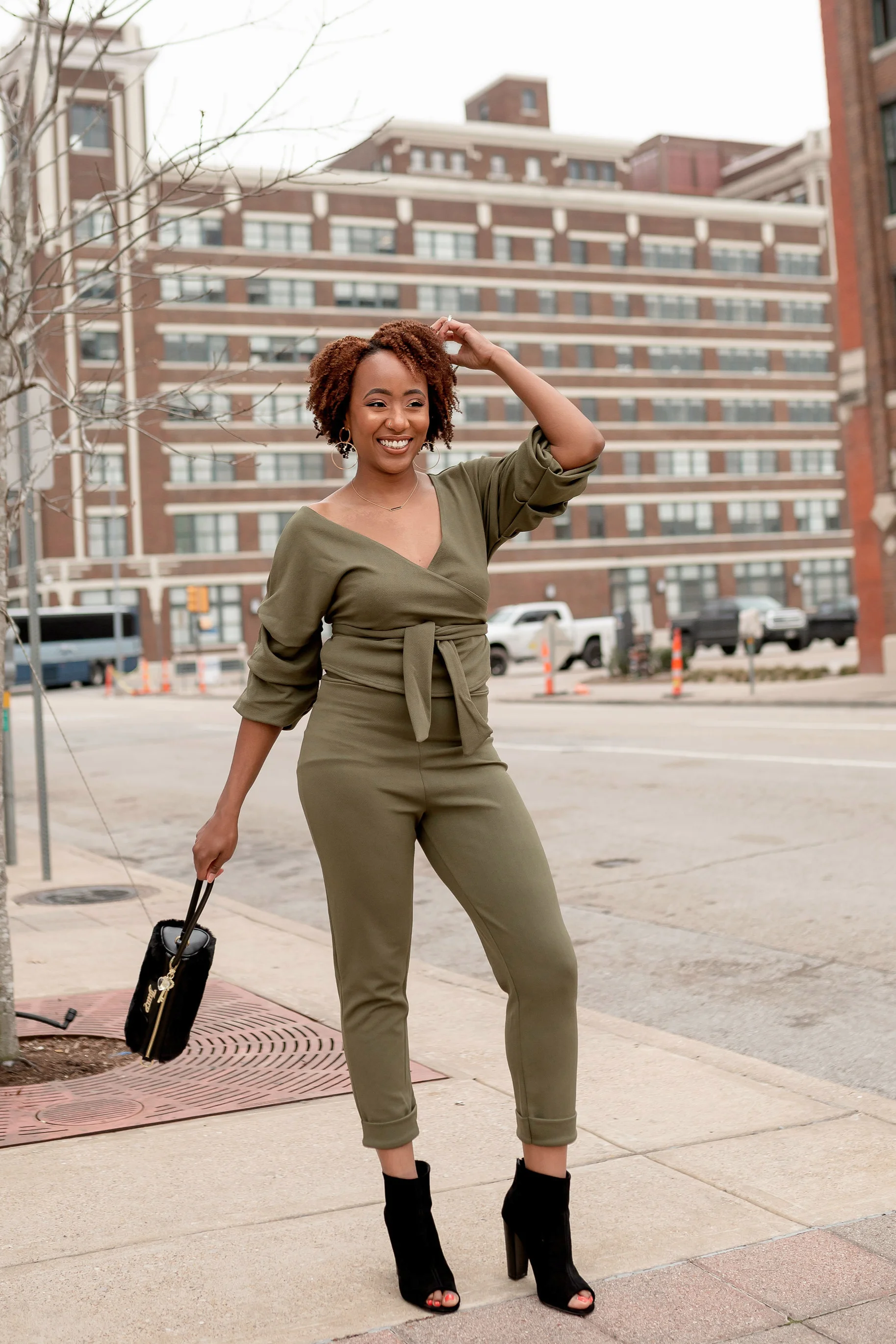 Boohoo Wrap Rouche Top & Trouser in Khaki