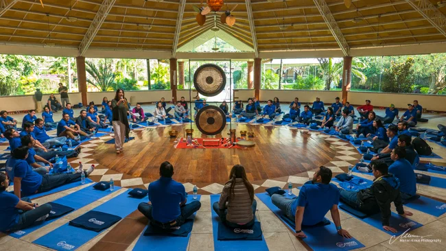 Corporate stress reduction workshop by Delamora Sound and Evolution, with Finsol employees at Hostal de la Luz in Tepoztlan, Mexico