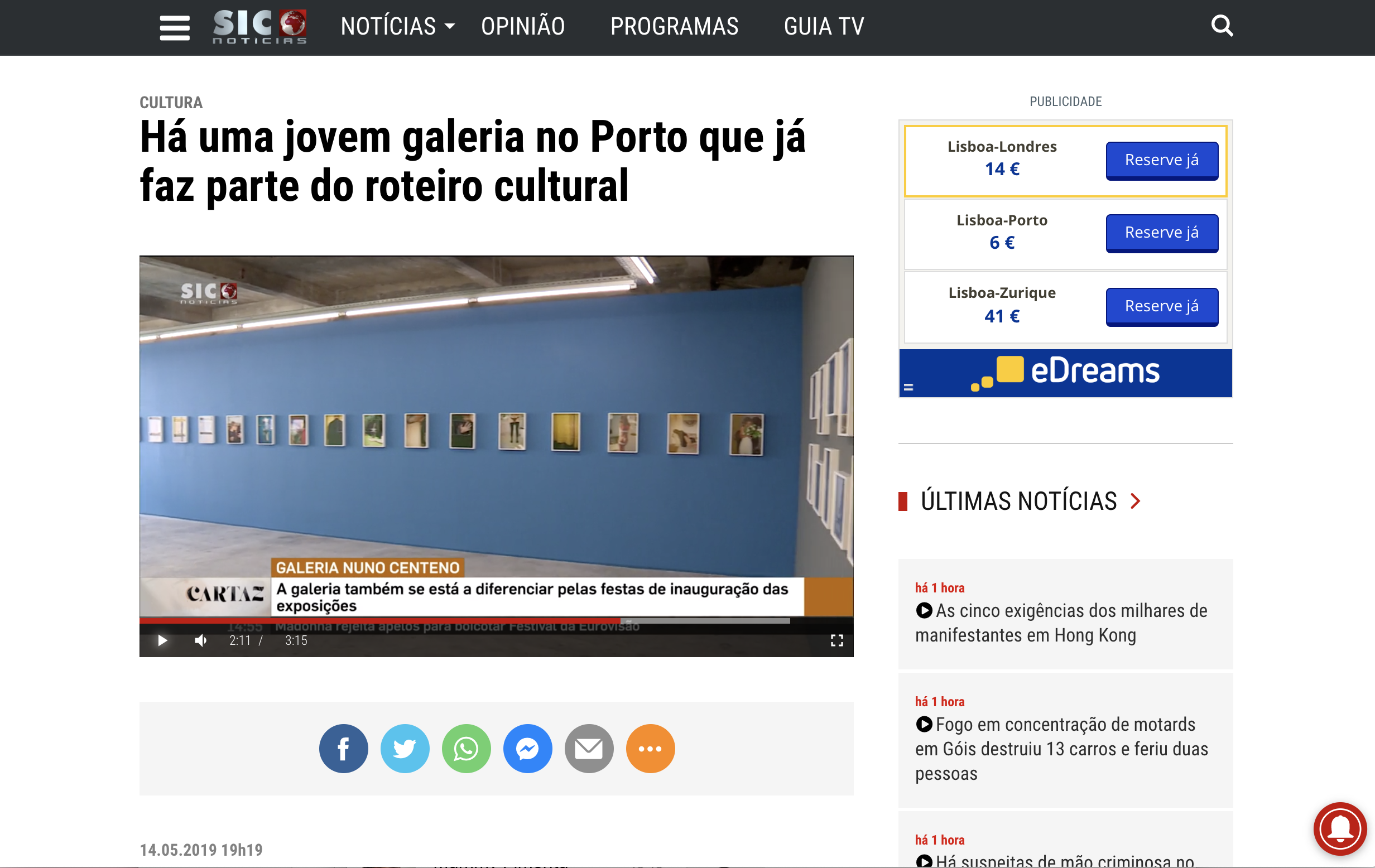 Há uma jovem galeria no Porto que já faz parte do roteiro cultural , Sic Noticias reportage about Galeria Nuno Centeno and Almost Famous exhibition, May 2019 Nuno Centeno é um jovem galerista que já recebeu várias distinções internacionais. Deu nome a uma galeria que ocupa parte da antiga sede da Cooperativa dos pedreiros portuenses. Até dia 11 de junho, mostram-se ali exposições de Carolina Pimenta e de Silvestre Pestana.