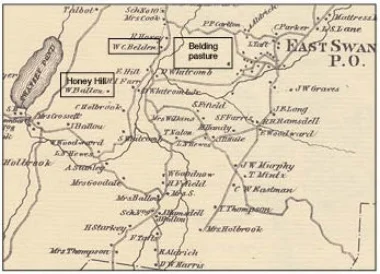 A portion of an 1877 map shows the locations of W. Ballou's home (Honey Hill), Elijah Carr Belding's family farm, and our summer grass--the Belding pasture.