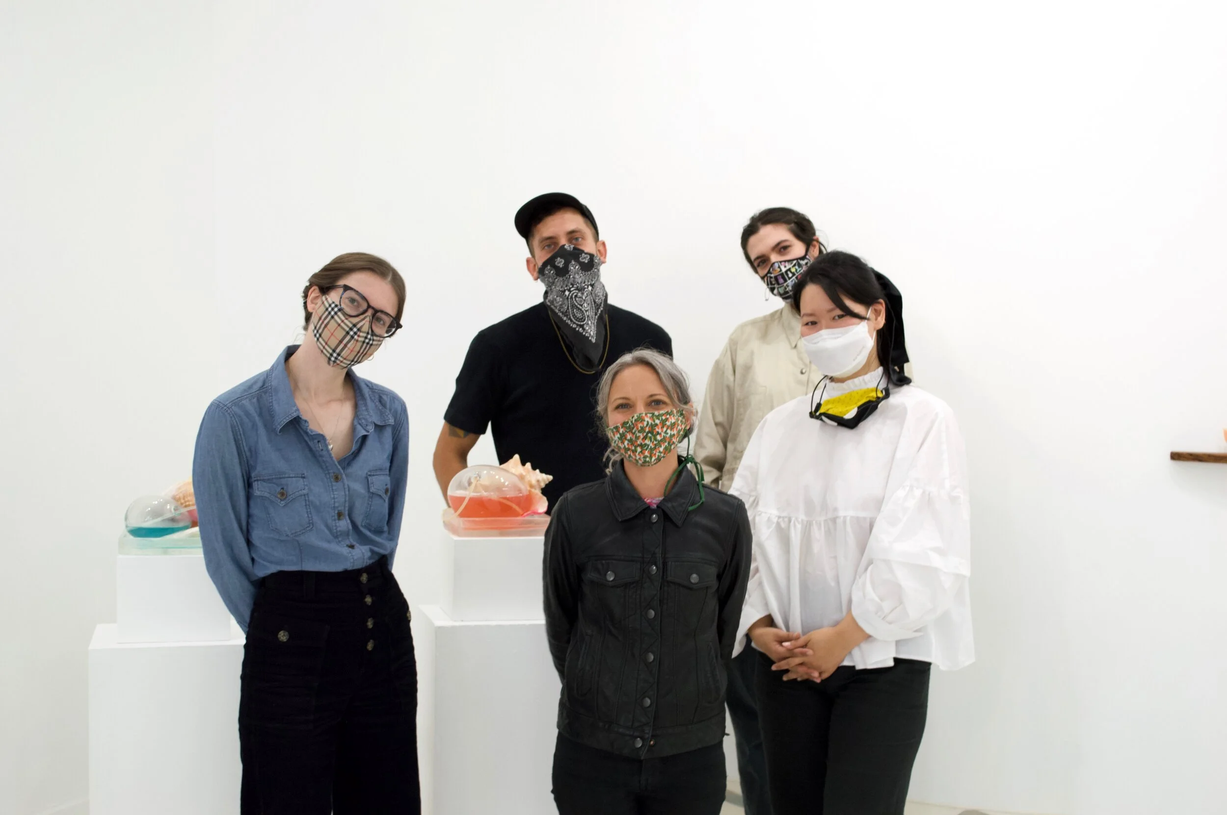 LVL3 Echoes In Rain opening reception, from L->R: Kaitlyn Albrecht (LVL3 Communications Manger), Vincent Uribe,&nbsp;Emily Endo (featured artist), Maddy Olson (Gallery Manager),&nbsp;Hyun Jung Jun (featured artist).