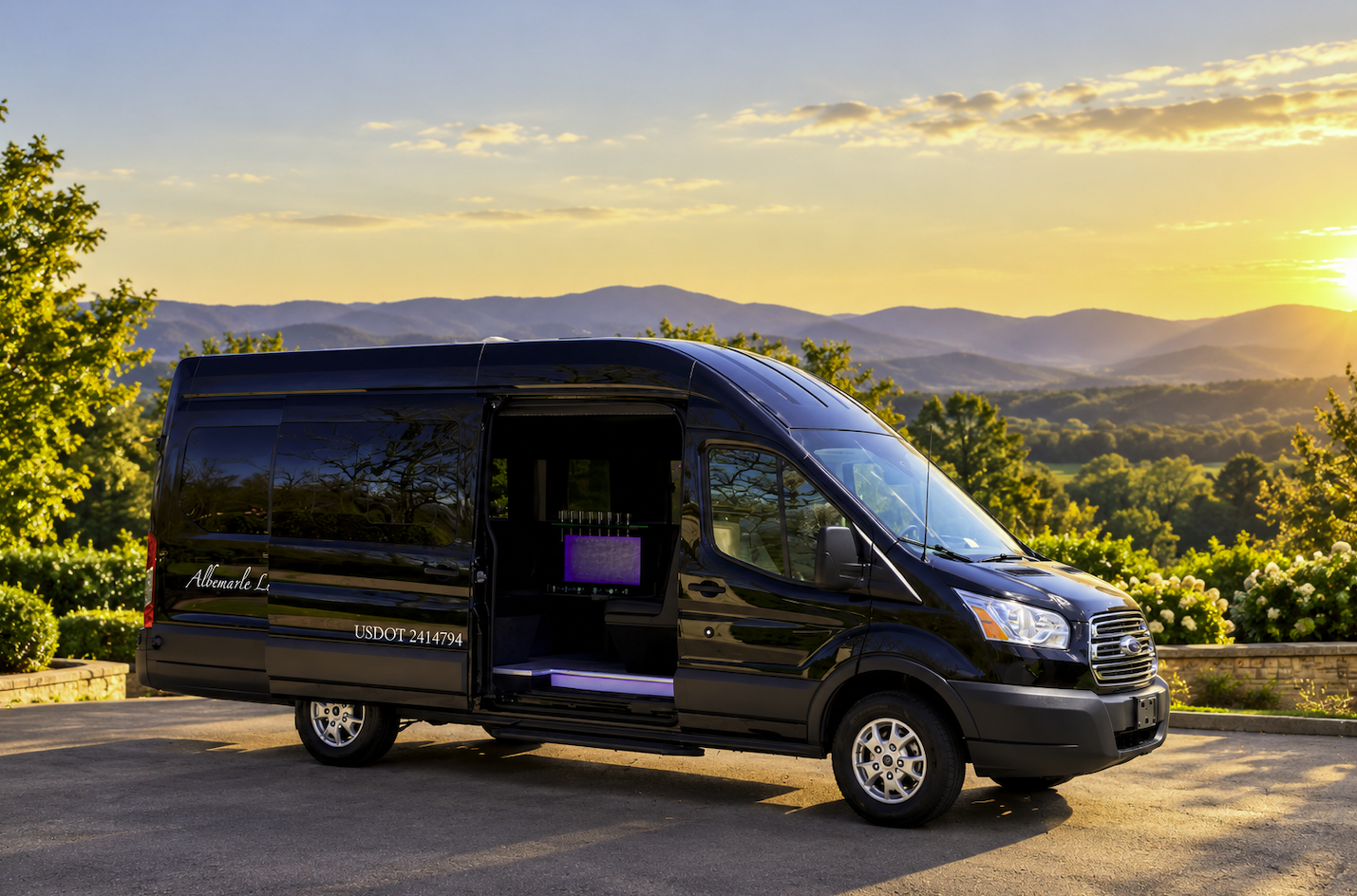 Black Albemarle Limousine Ford Transit shuttle with Blue Ridge Mountains near Charlottesville, Virginia