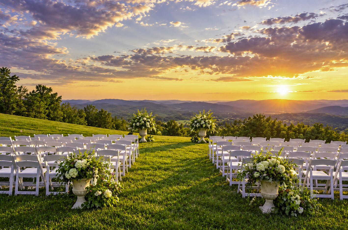 Outdoor wedding ceremony setup at Montalto overlooking the mountains near Charlottesville, Virginia