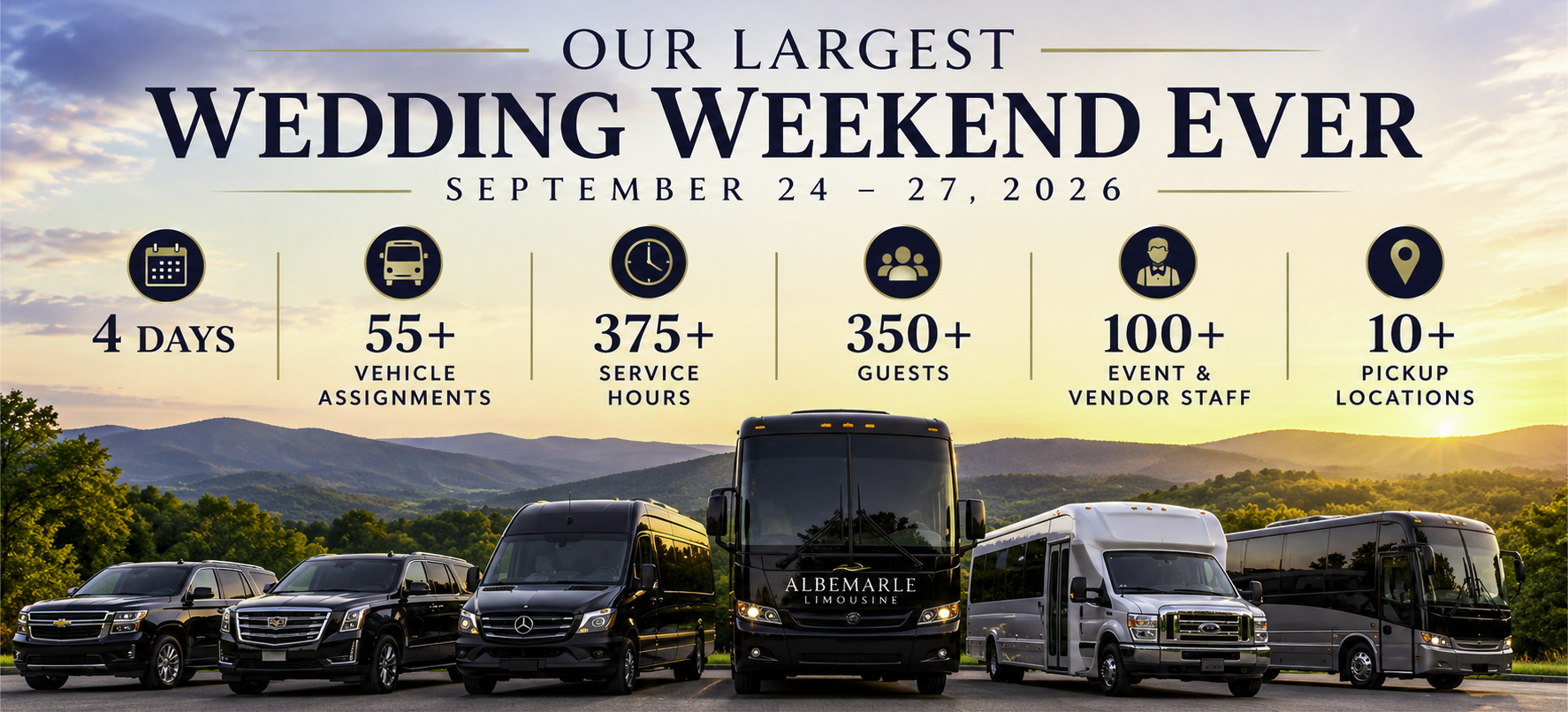 Four-day Charlottesville wedding transportation case study with 55+ vehicle assignments, 375+ service hours and 350+ guests