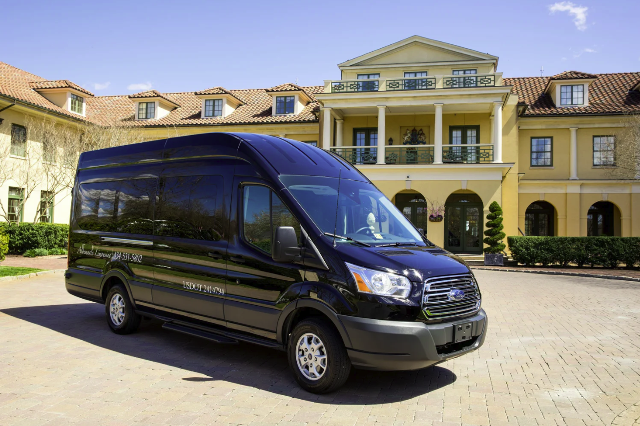 Albemarle Limousine black Ford Transit wedding shuttle at Keswick Hall near Charlottesville, Virginia