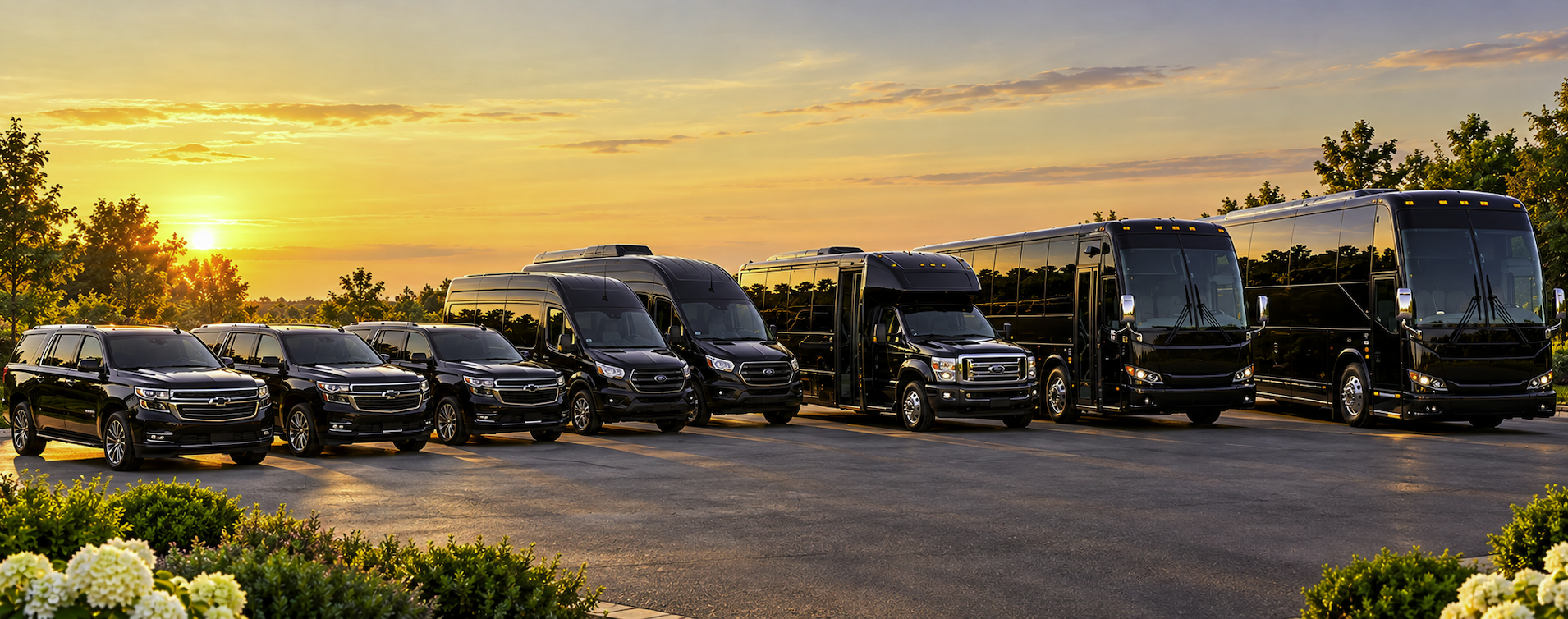 Black SUVs, high-roof vans, minibuses and motorcoaches representing Albemarle Limousine's large wedding transportation fleet in Charlottesville, Virginia