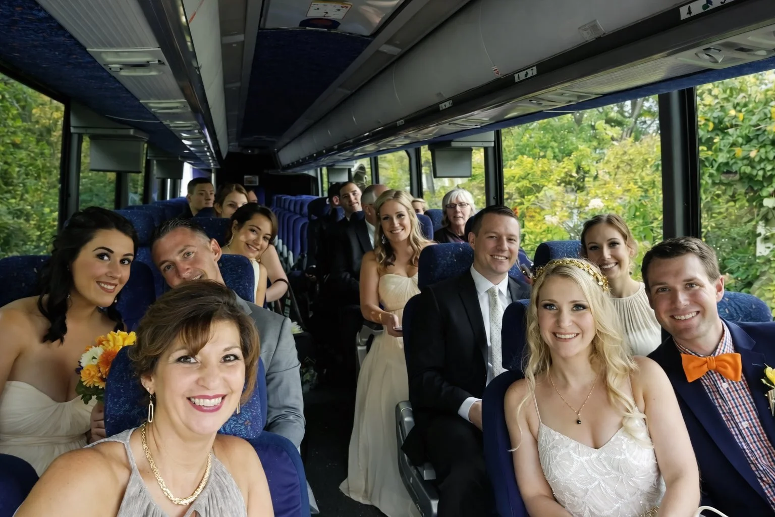 Albemarle Limousine wedding guest shuttle bus loading at a Charlottesville venue