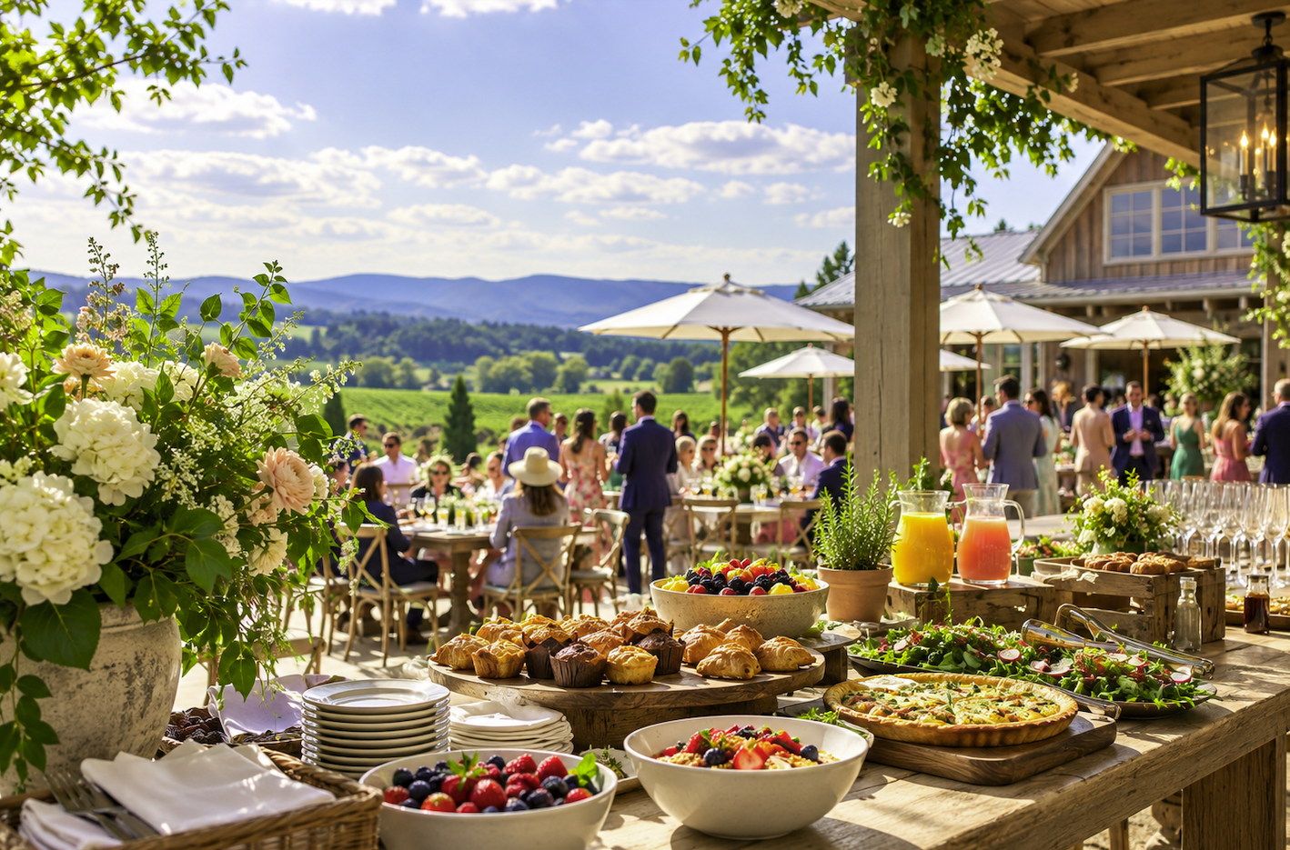 Wedding farewell brunch overlooking the vineyards and Blue Ridge Mountains at Pippin Hill Farm & Vineyards near Charlottesville, Virginia