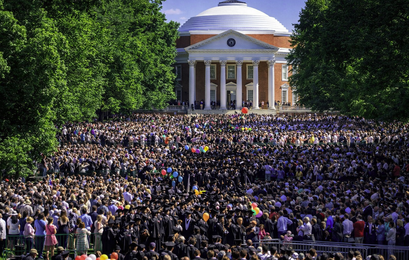 Crowds gathered on the Lawn at the University of Virginia during graduation weekend in Charlottesville, highlighting
