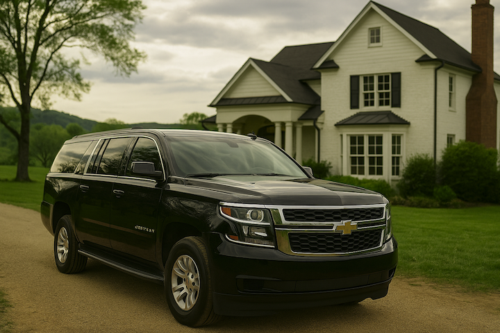 Chauffeured black Chevrolet Suburban in front of a white brick countryside home, representing professional real estate transportation services.