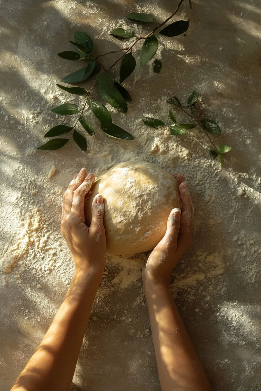 Feminine hands baking, holding a bread dough floured while being kneaded, with a leafy branch on the counter