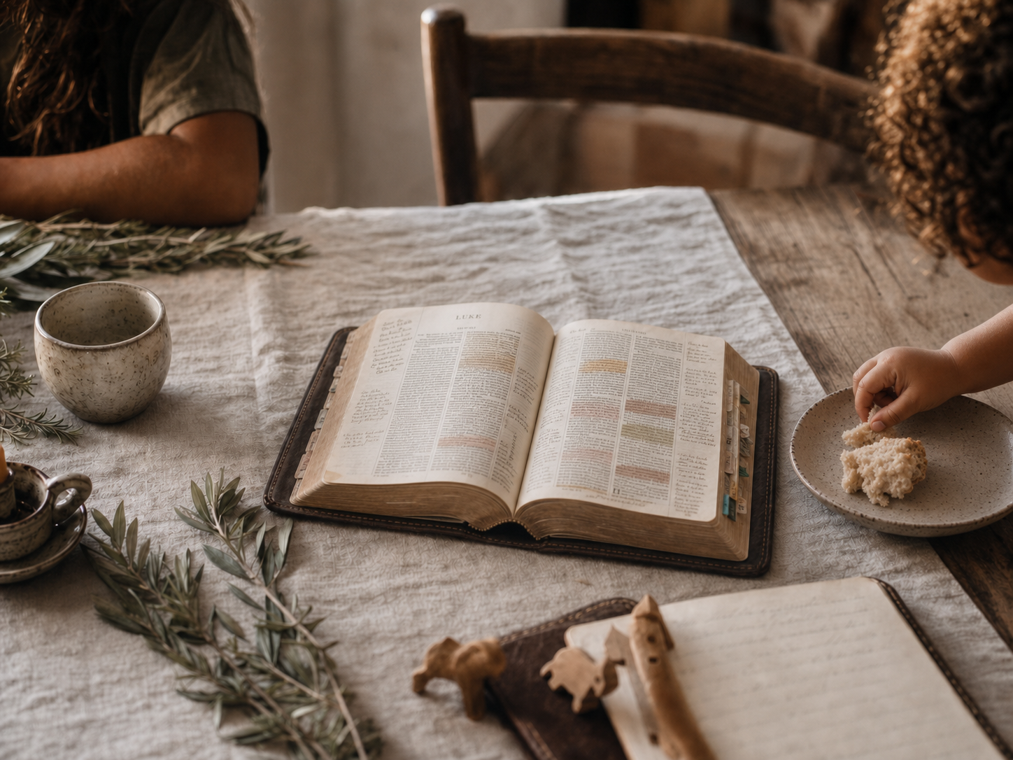 A studied Bible open at the centre of a family table