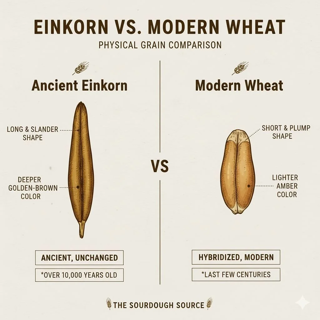 Schema comparing today's hybridized wheat to unchanged einkorn