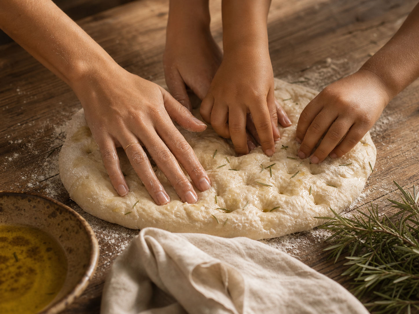 A mother and her two children preparing rosemary focaccia together