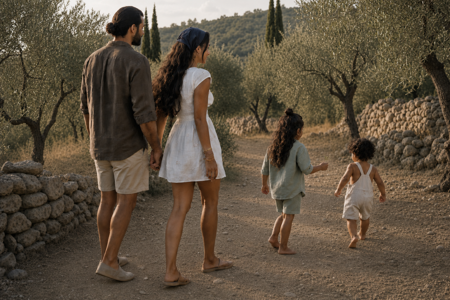 Joanna and her husband walking behind their children through the family olive grove