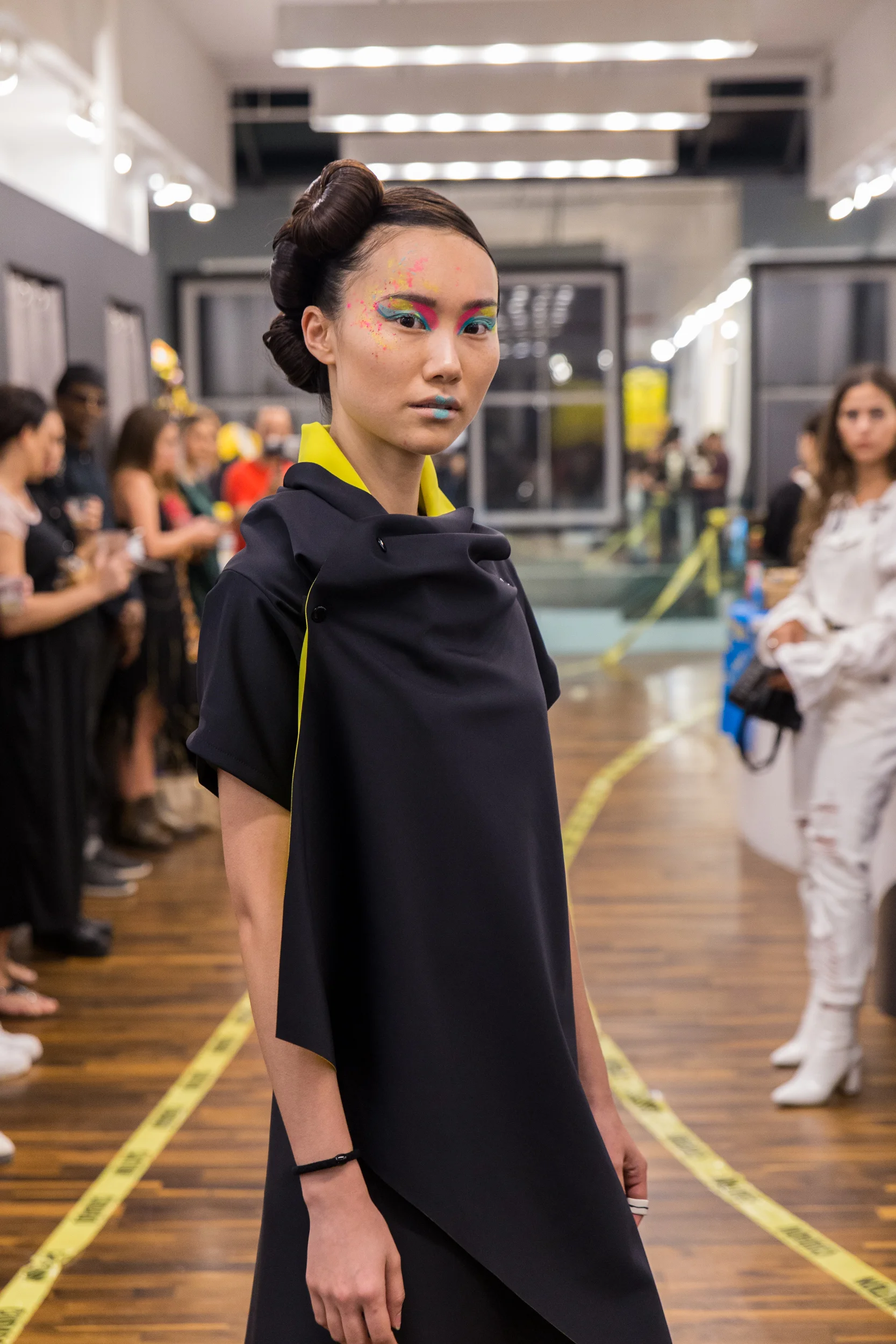 Model at the Zero Waste Fashion Show Malaika New York wearing the “ Square Vest” piece from the collection.