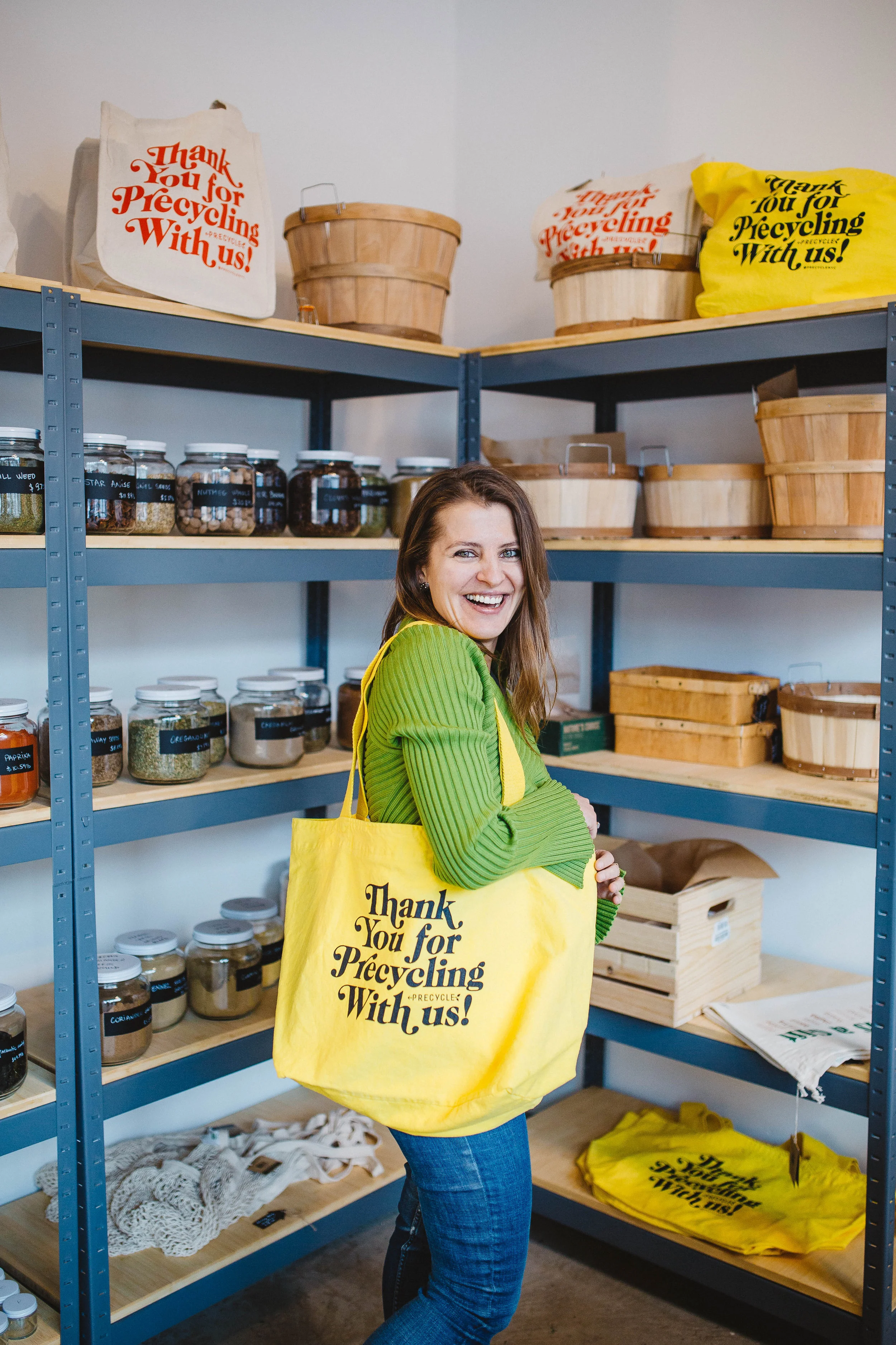 Pictured is Katerina Bogateriva at her Bushwick package free grocery store, Precycle.