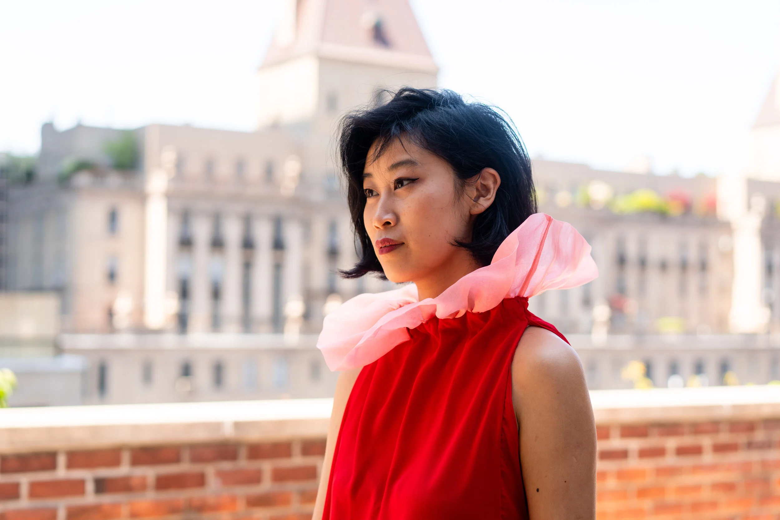 A design in exploration of the color, red, this trapeze dress features an elastic neckline in lieu of a zipper to easily slip the dress on