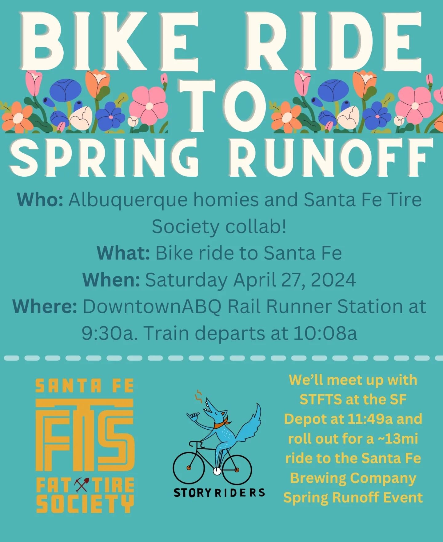 🚲🌸Group Ride in Santa Fe🌸🚲

We're excited for the group ride to @santafebrewing outdoor recreation event, Spring Runoff! 🌼 We'll meet up at the Down Town Rail Runner Station on 4/27 at 9:30a for the 10:08a departure. We'll get off at the Santa F