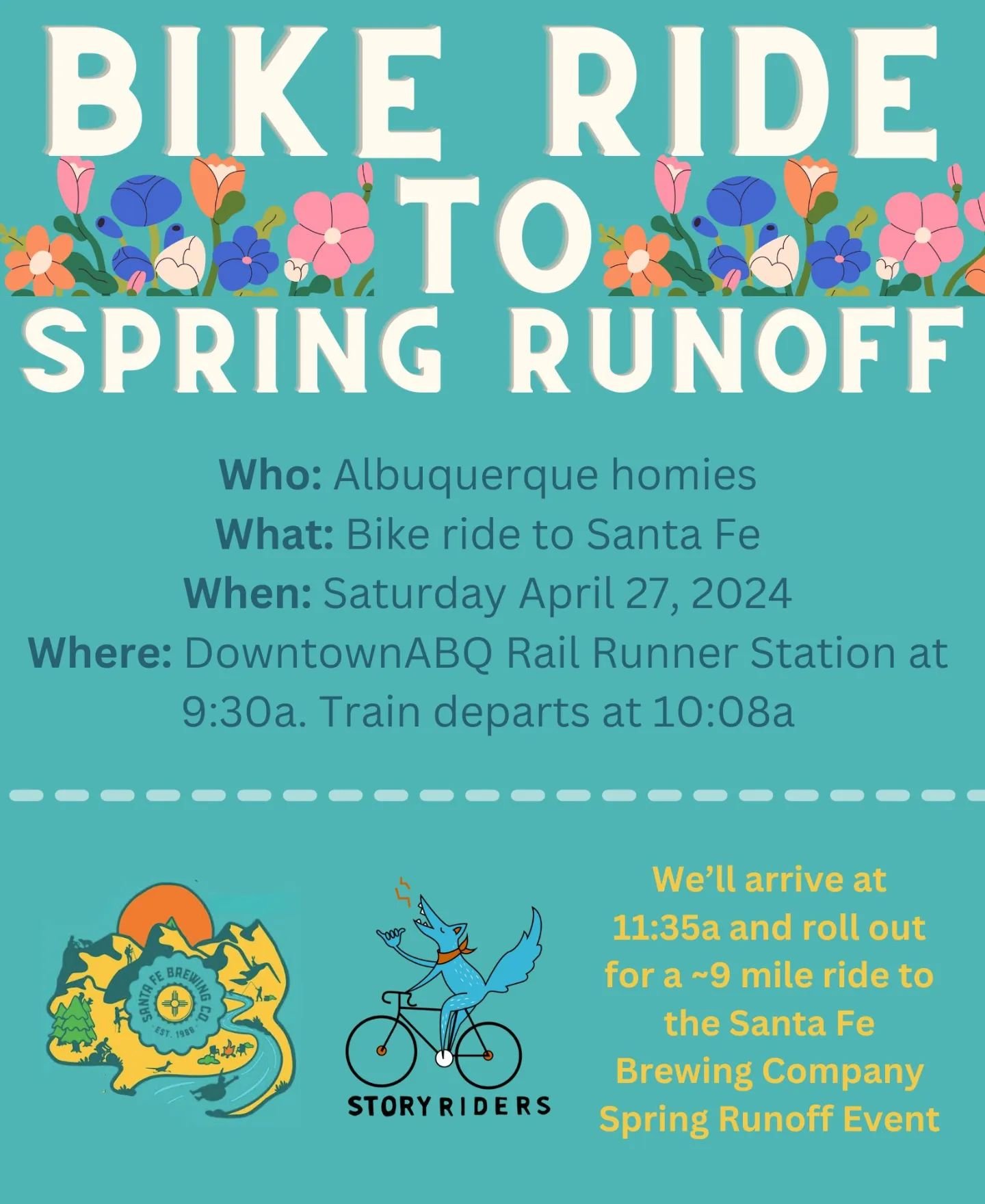 *UPDATE* We'll get off at the Santa Fe Depot Station at 11:49 and ride ~13 easy miles to Santa Fe Brewing HQ Taproom at 35 Fire Pl, Santa Fe, NM 87508 

🚲🚲 Group Ride  to Santa Fe 🚲🚲

We're planning a group ride to @santafebrewing outdoor recreat