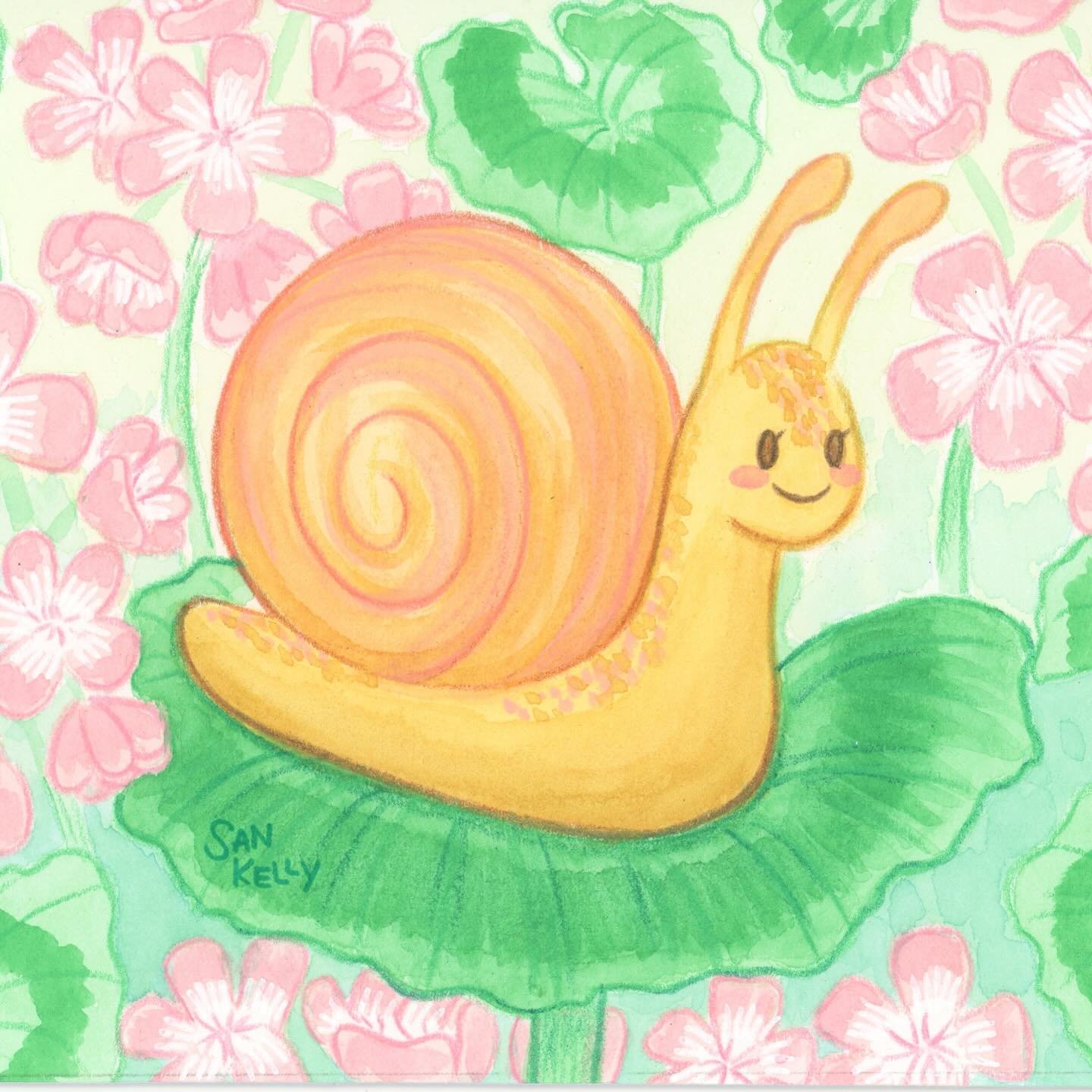 The final watercolor snail with geraniums for my daughter, Autumn! 4x6&rdquo; with @holbein_art paint and colored pencils. The snail is based on a @jellycat toy she likes.
