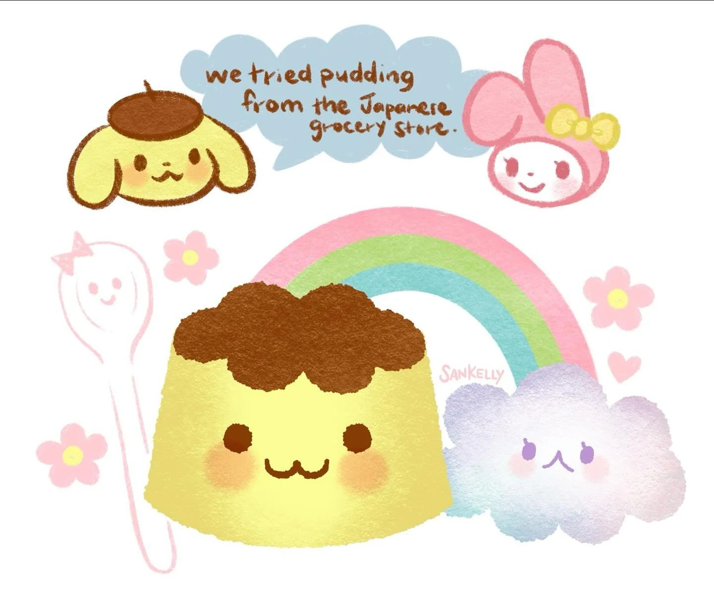 Another sticker drawing for my journal. This one is Japanese caramel custard pudding called &ldquo;Purin/プリン&rdquo;. (Similar to flan!) My daughters picked this out at the grocery store to try since we love the Sanrio character, &ldquo;Pompompurin&rd
