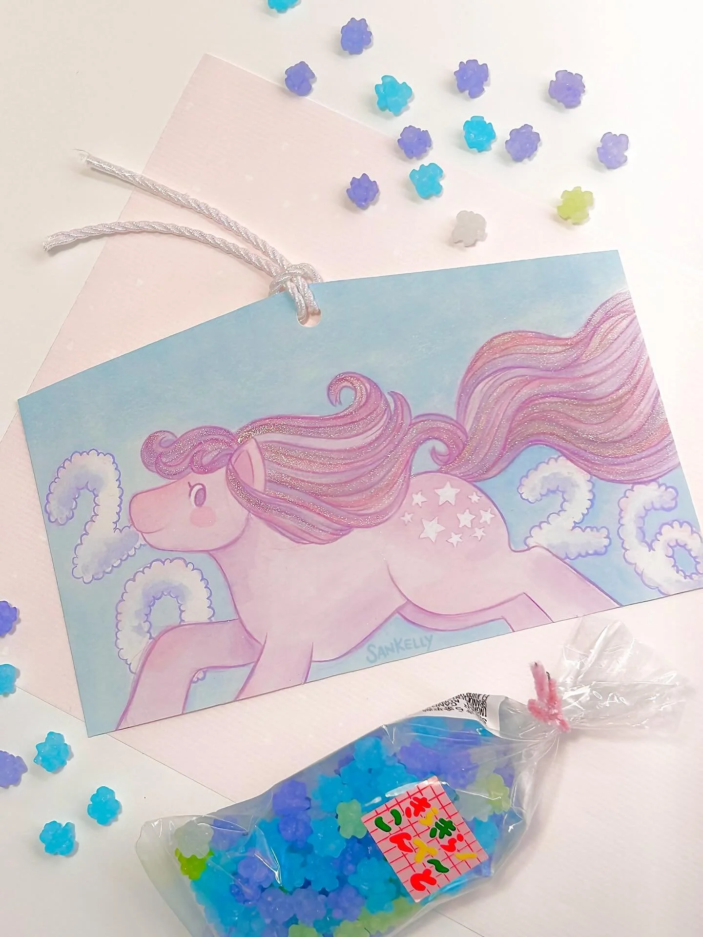 Happy Year of the Horse!!! 💕🐴 I made these cards to pair with my family&rsquo;s holiday card this year. Painted with watercolor, then printed, threaded with string and hand painted with glitter. ✨ I chose to make it in the shape of an Ema (絵馬), a w