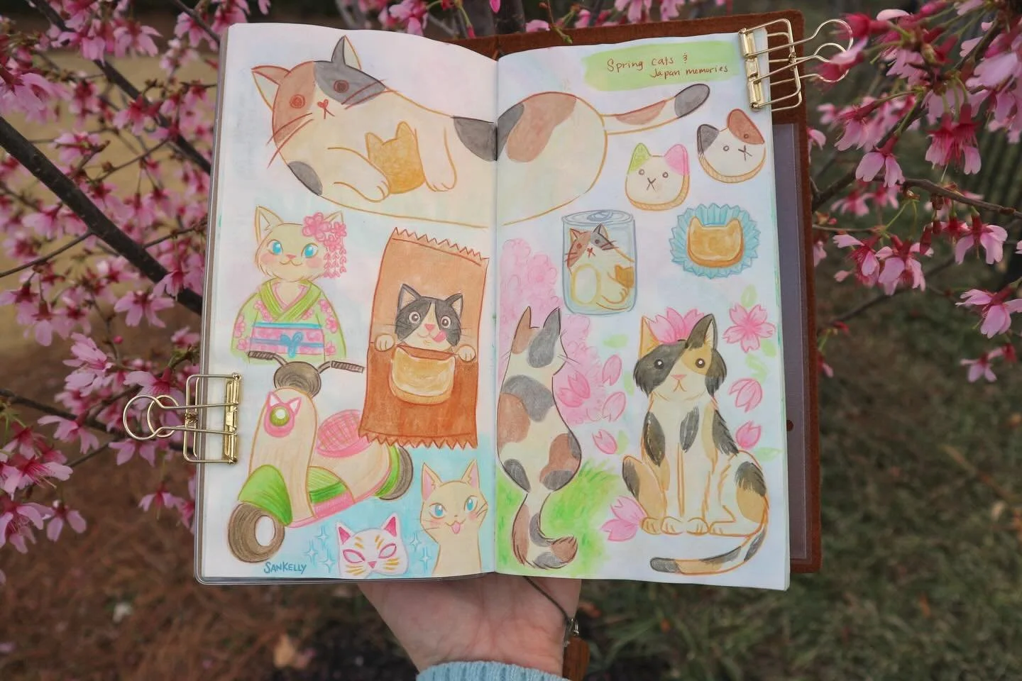 Happy #catday !! #猫の日 🌸🐈💕 Watercolor illustrations in my traveler&rsquo;s notebook
