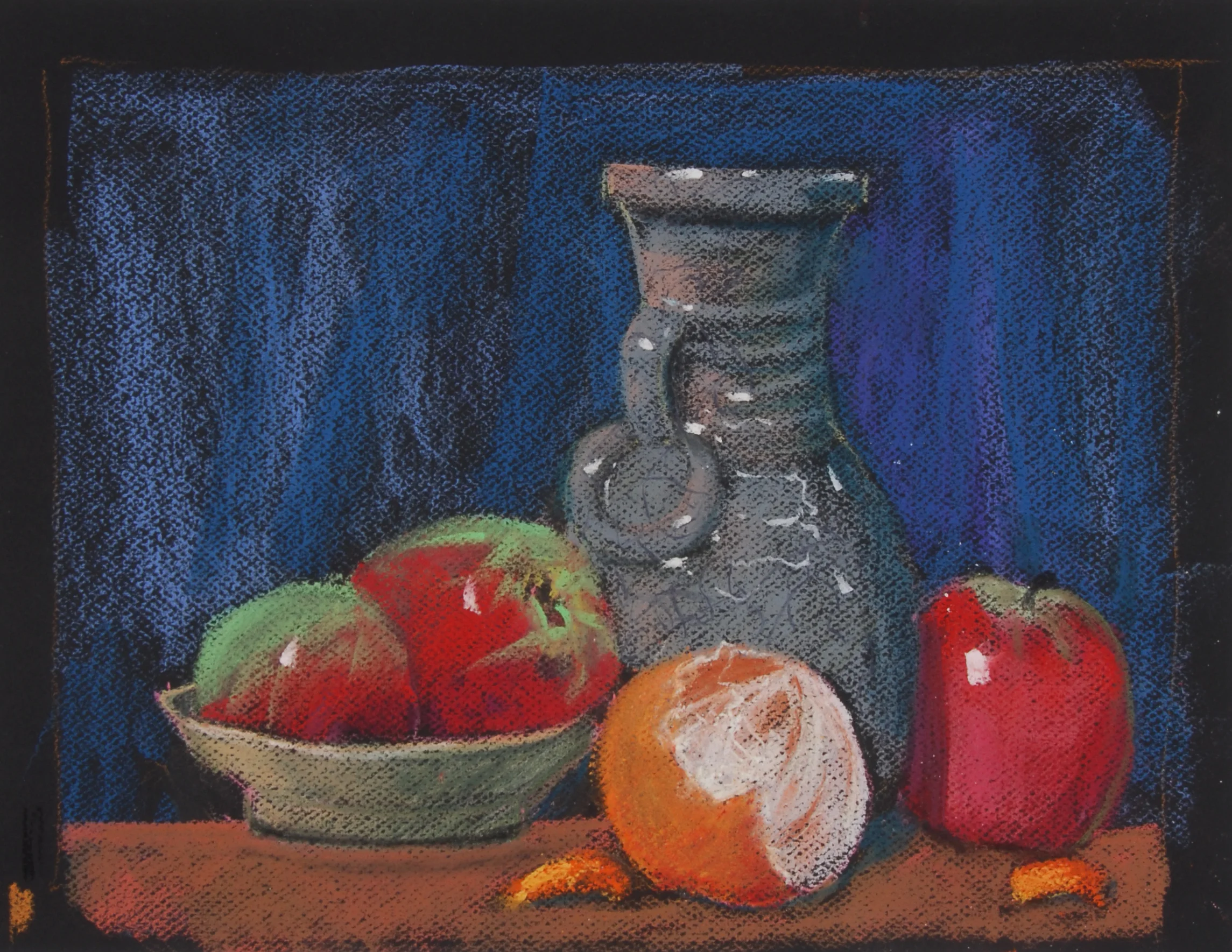 Image #0044: Gray vase with apples and oranges on the sides, blue background 