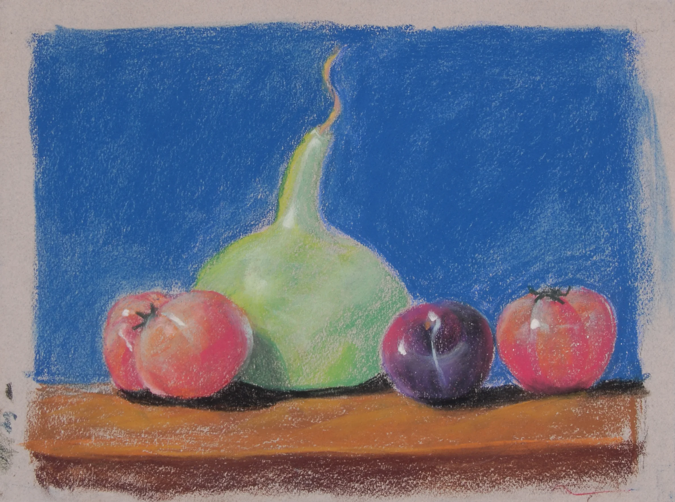 Image #0045: Green squash with tomatoes and plums on the side, blue background