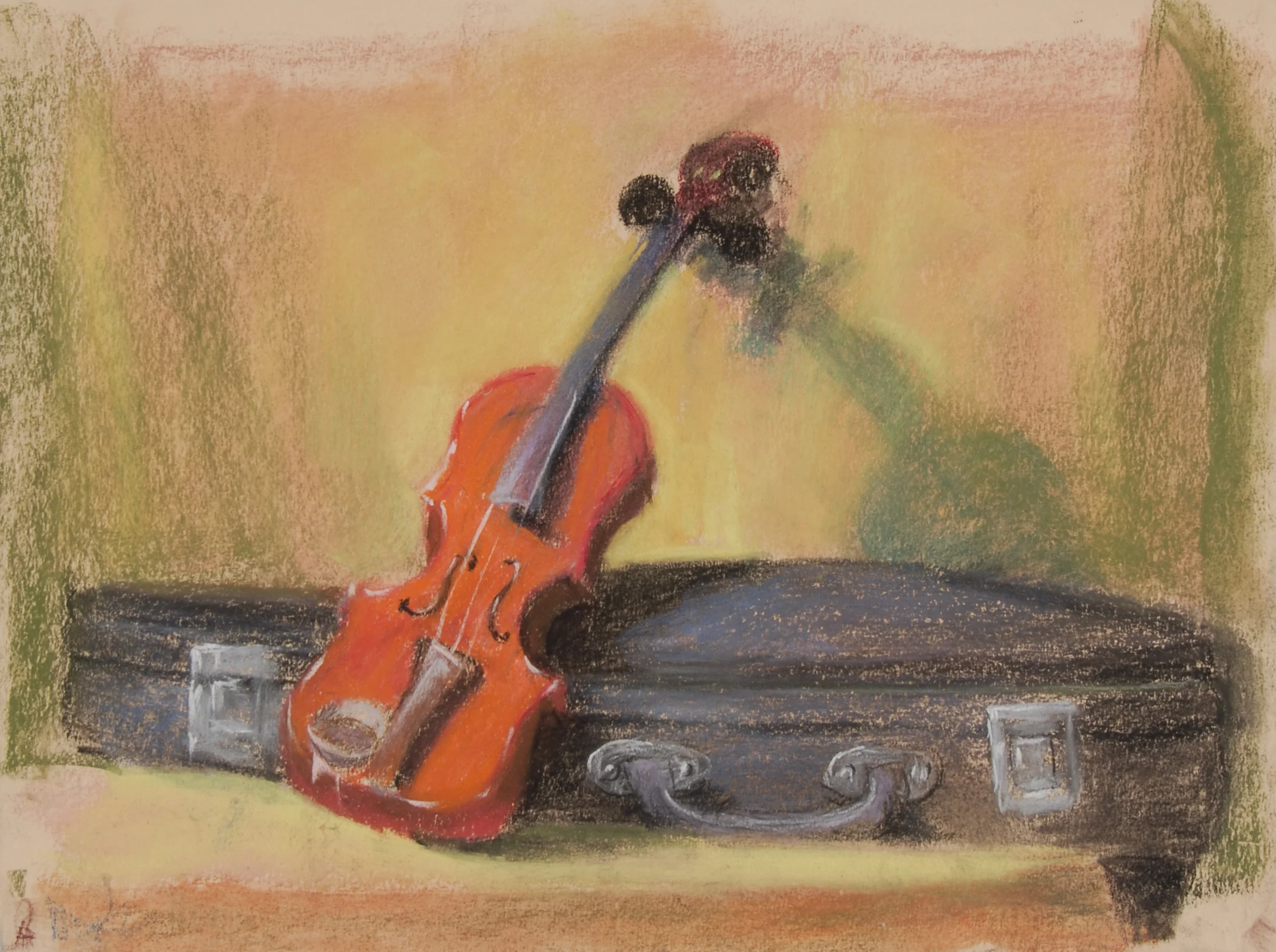 Image #0047: Orange violin leaning against black case, yellow background 