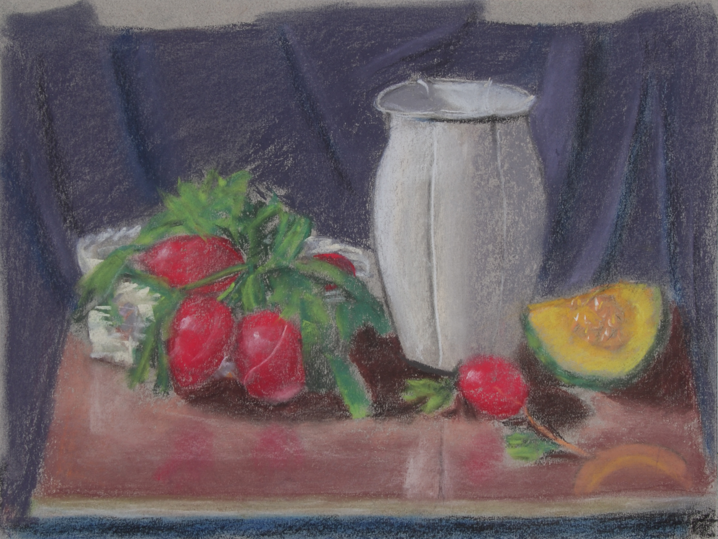 Image #0048: White vase with red radishes on a reddish table, dark blue background