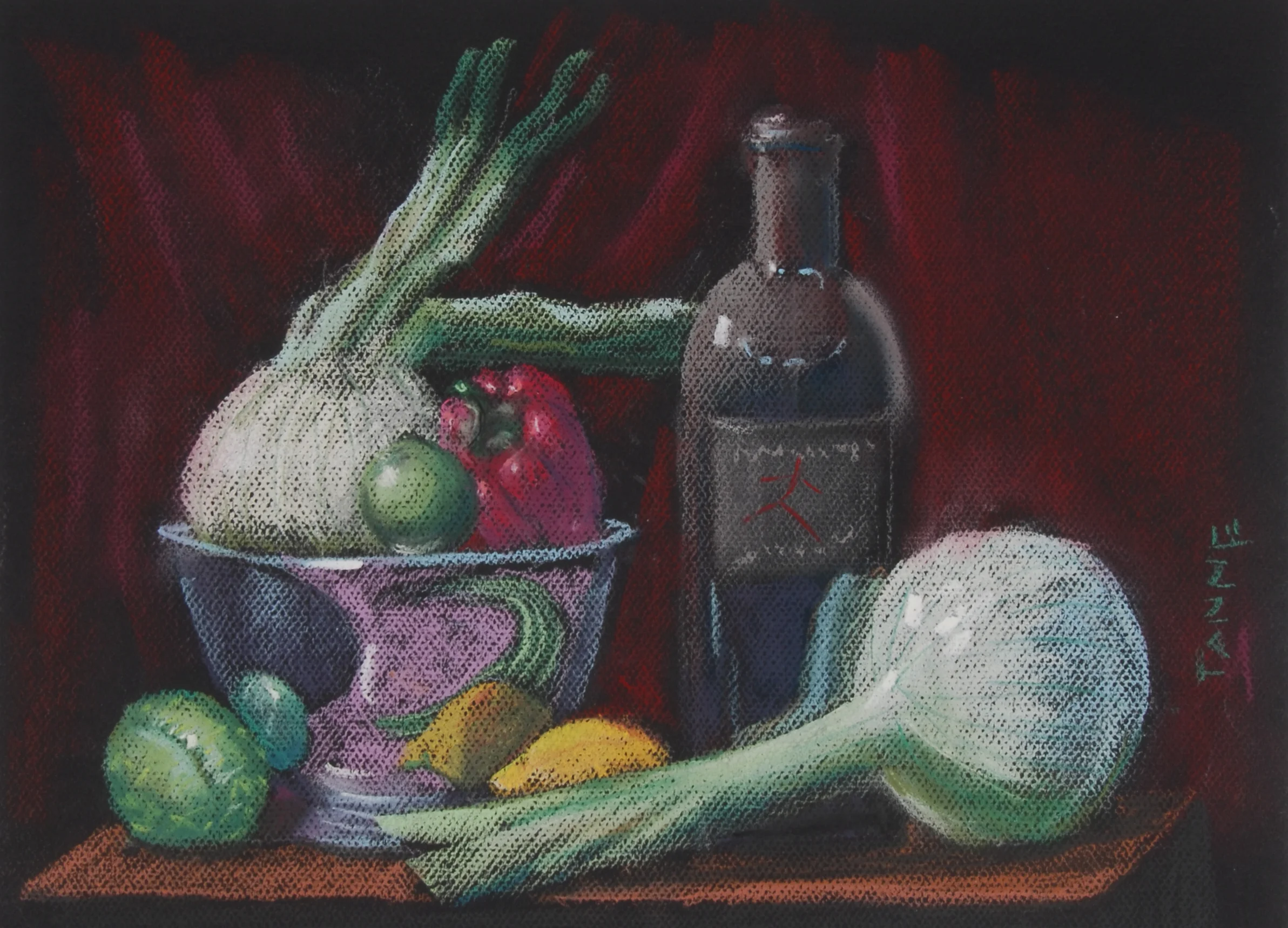 Image #0036: Bottle of wine on a table with a red pepper and an onion in a bowl