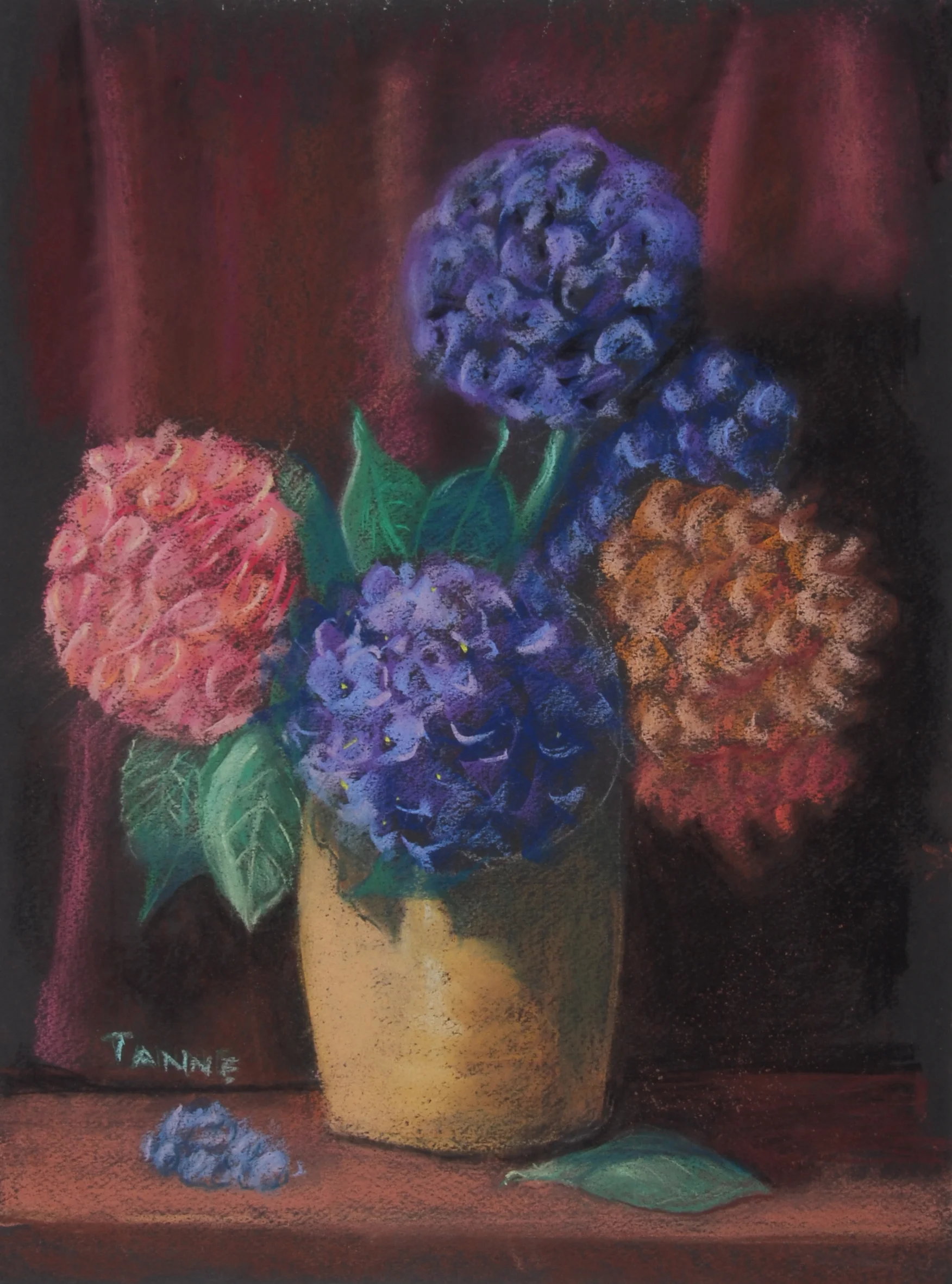Image #0037: Blue and pink hydrangeas in a beige vase; burgundy curtain in background