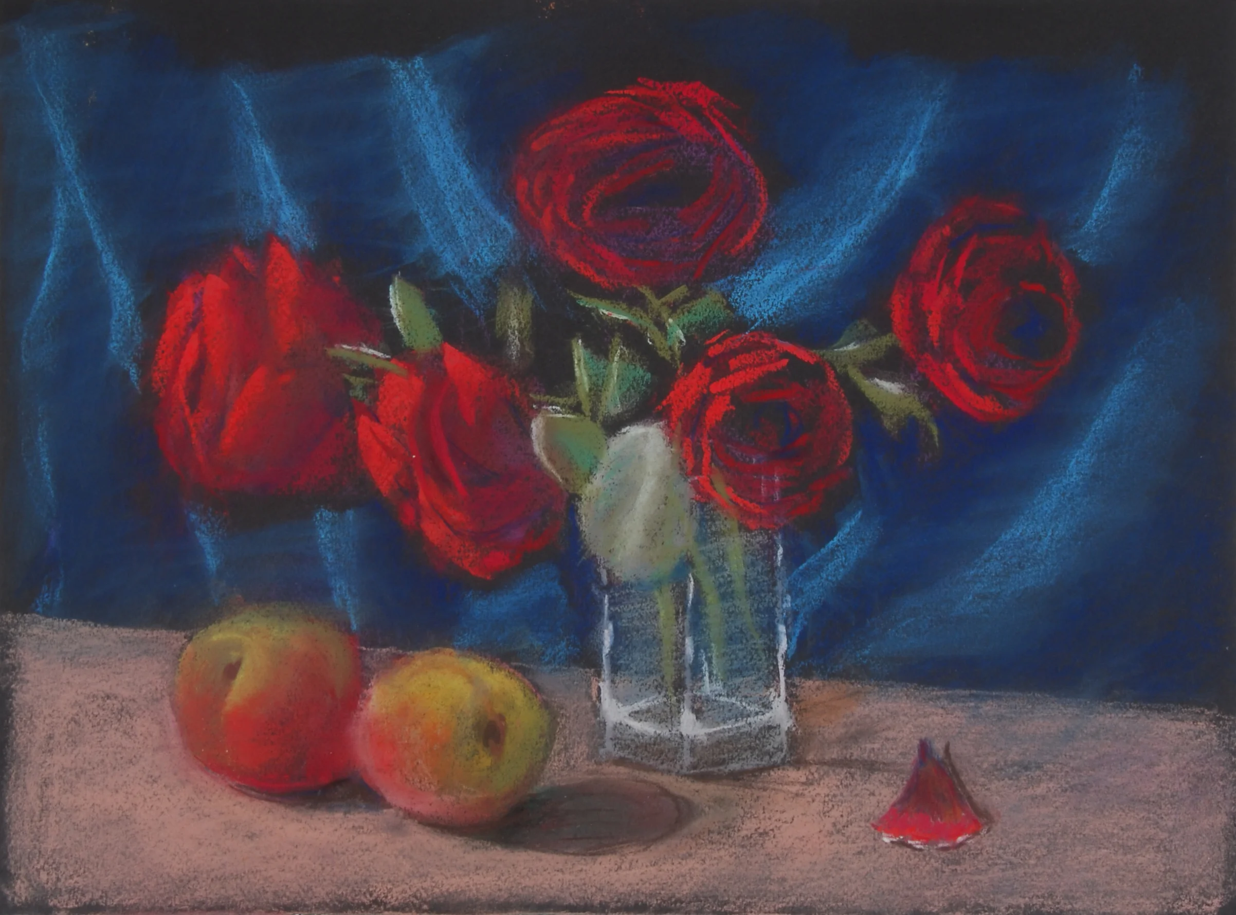 Image #0051: Red roses in a square clear vase, with peaches on a table