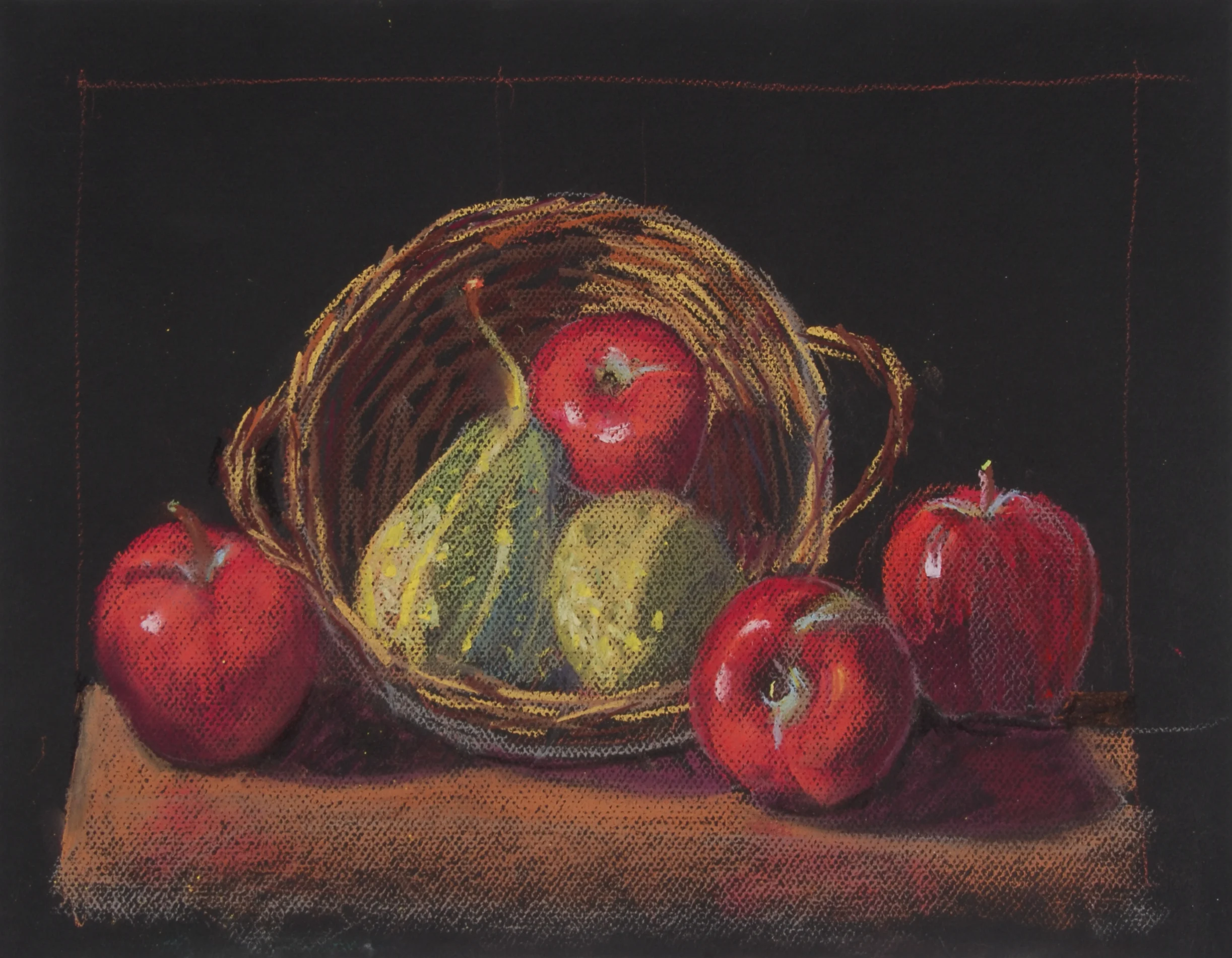 Image #0055: Squash and red apples in a brown basket atop a brownish cloth