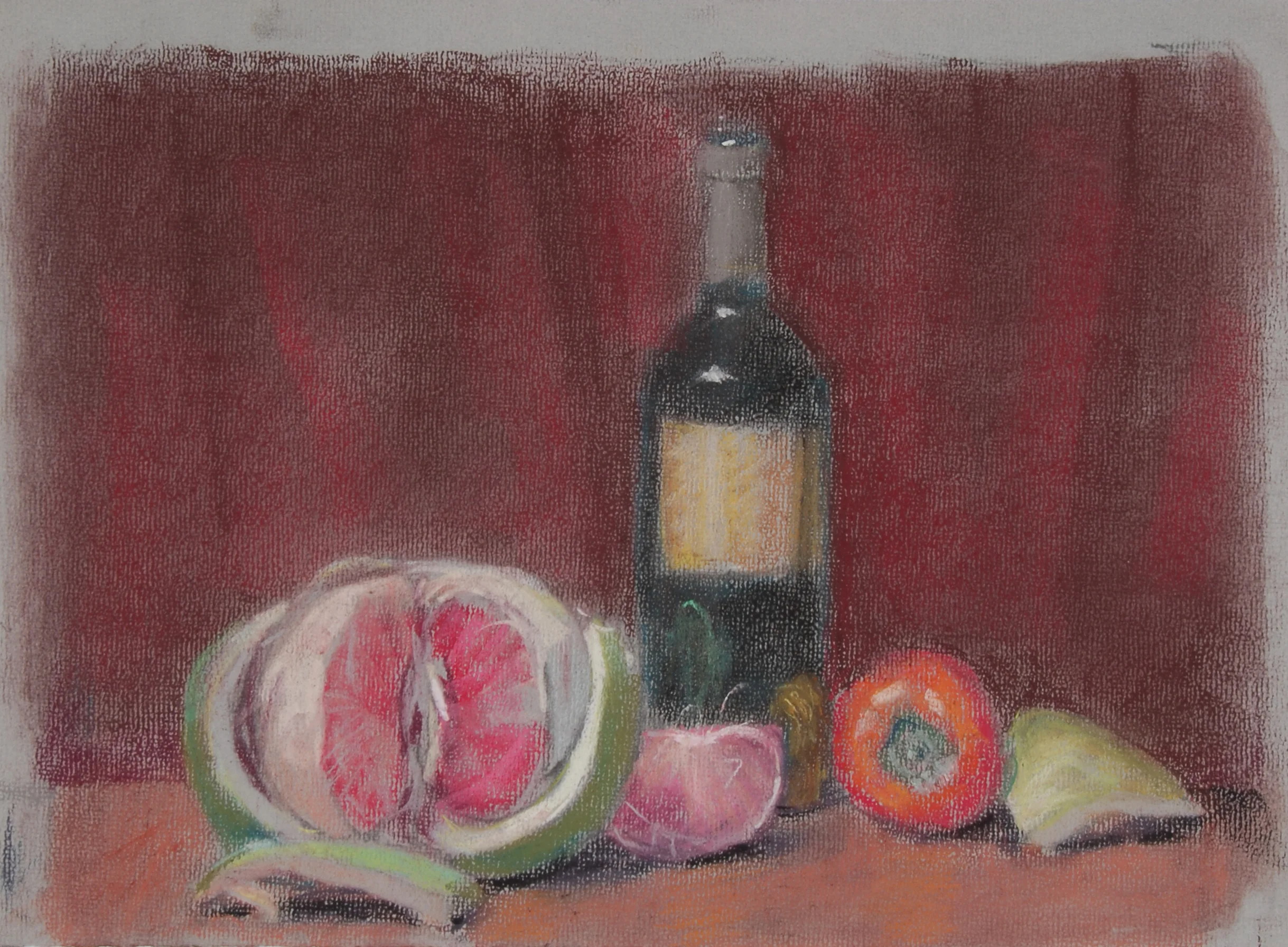 Image #0057: Grapefruit, tomatoes, and a bottle of wine on a table, red background