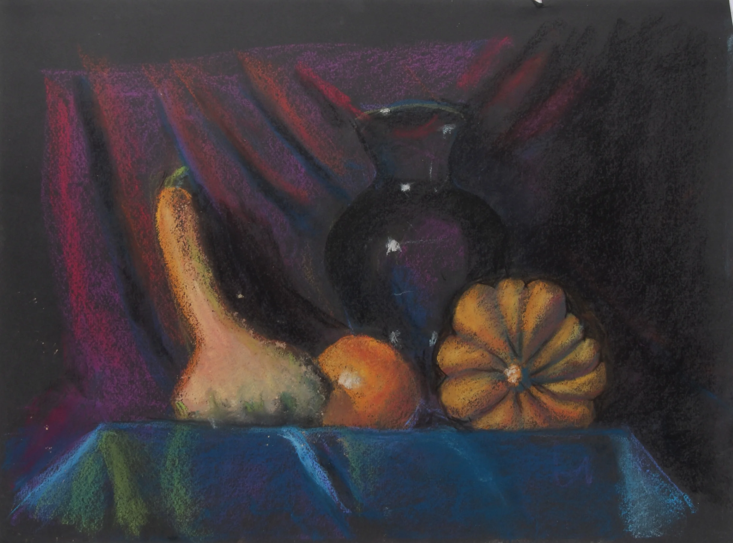 Image #0058: Several squashes with purple glass vase on table with blue cloth underneath
