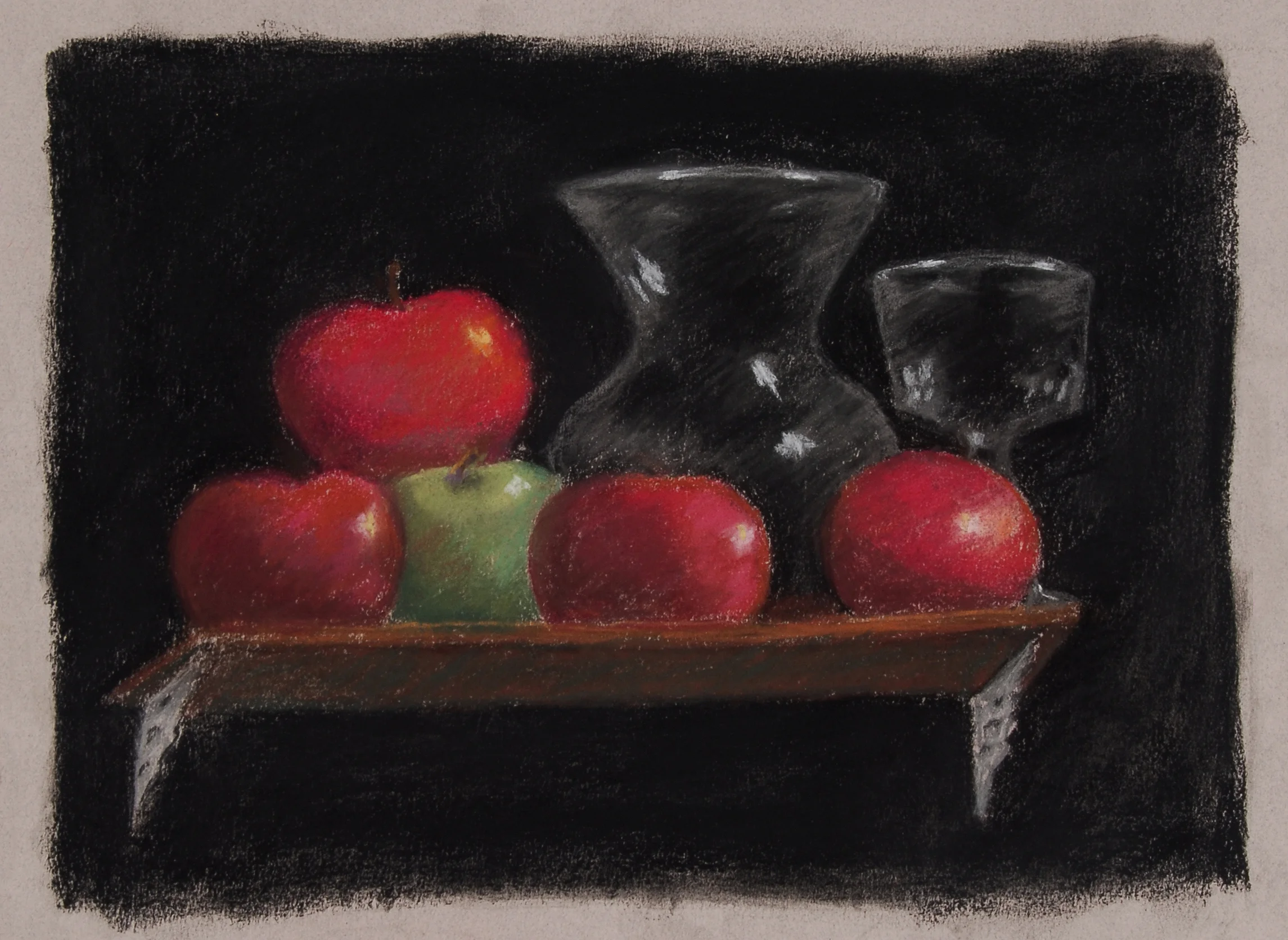 Image #0059: Red and green apples on a brown tray with two clear glass vases, black background