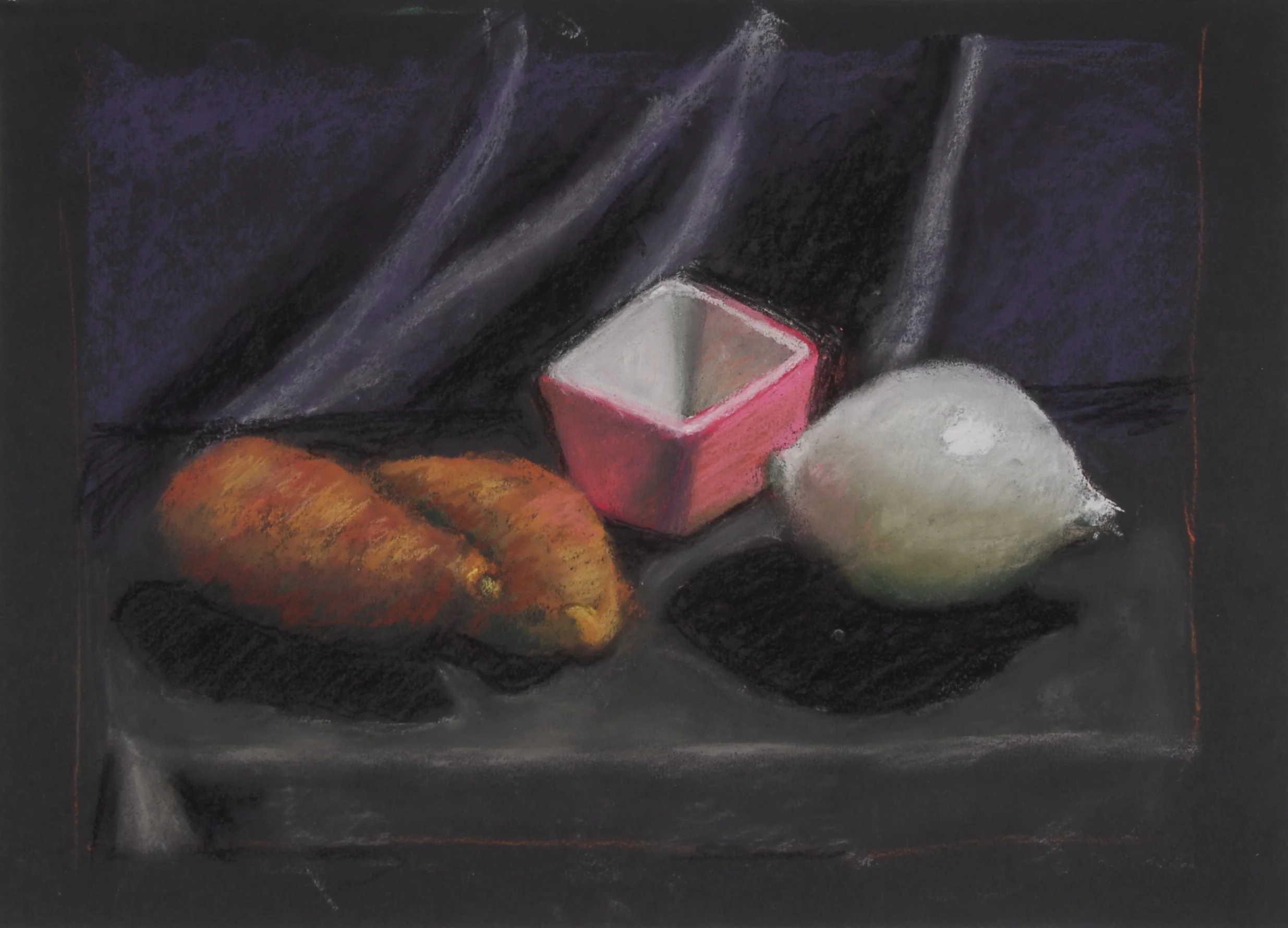 Image #0063: Sweet potatoes with pink and white bowl and an onion on table, dark background