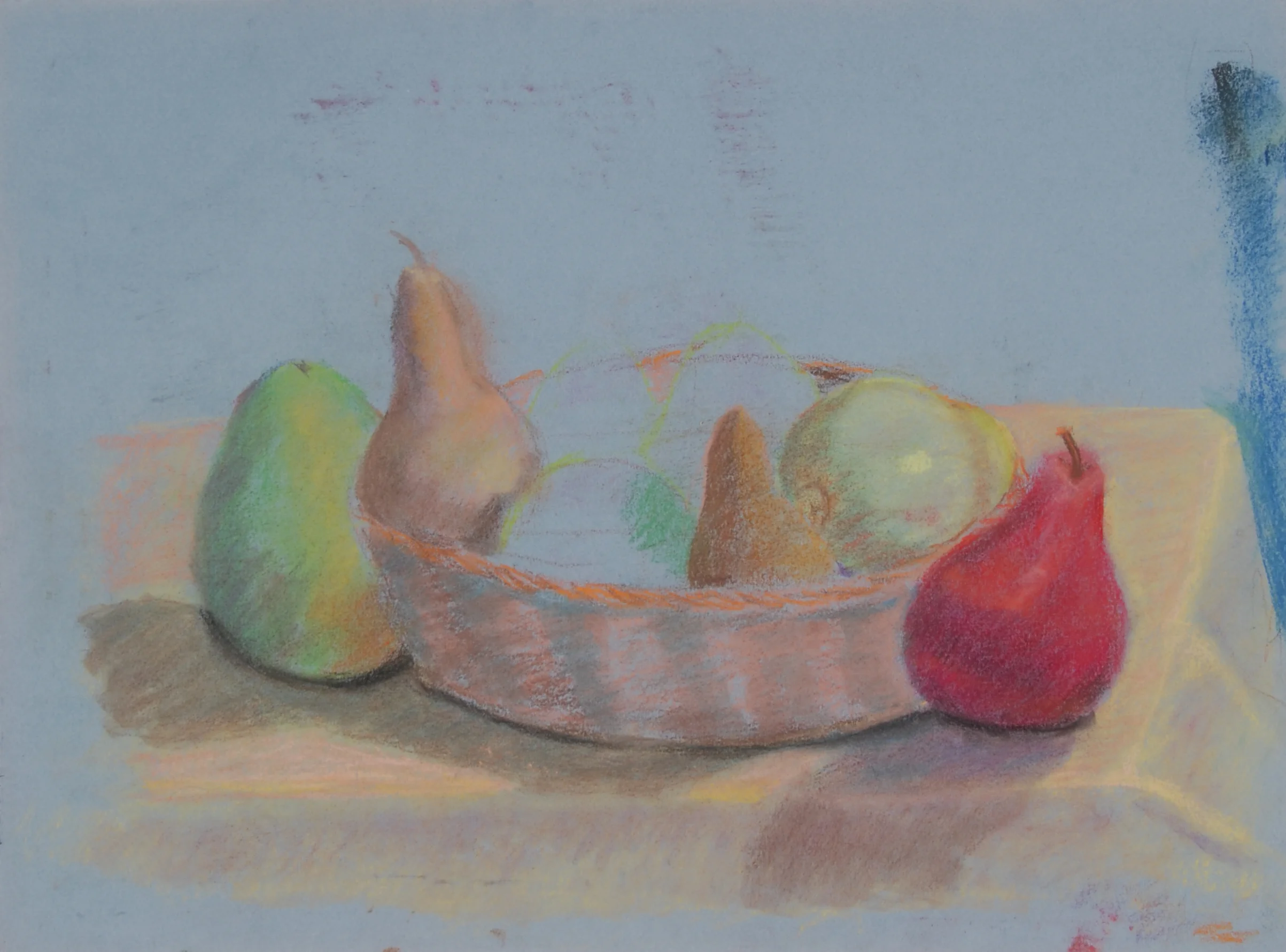 Image #0064: Several pears inside an orange bowl, light blue background
