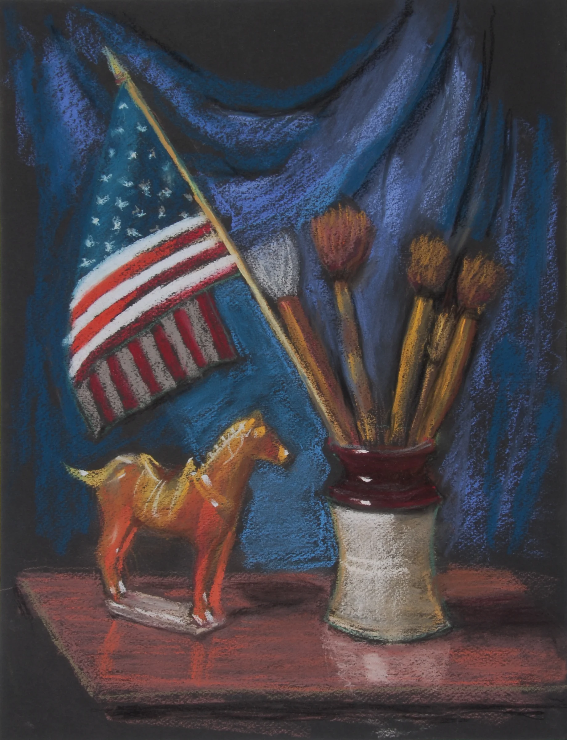 Image #0068: Paintbrushes with an American flag inside a brown and white ceramic cup, toy horse on left 