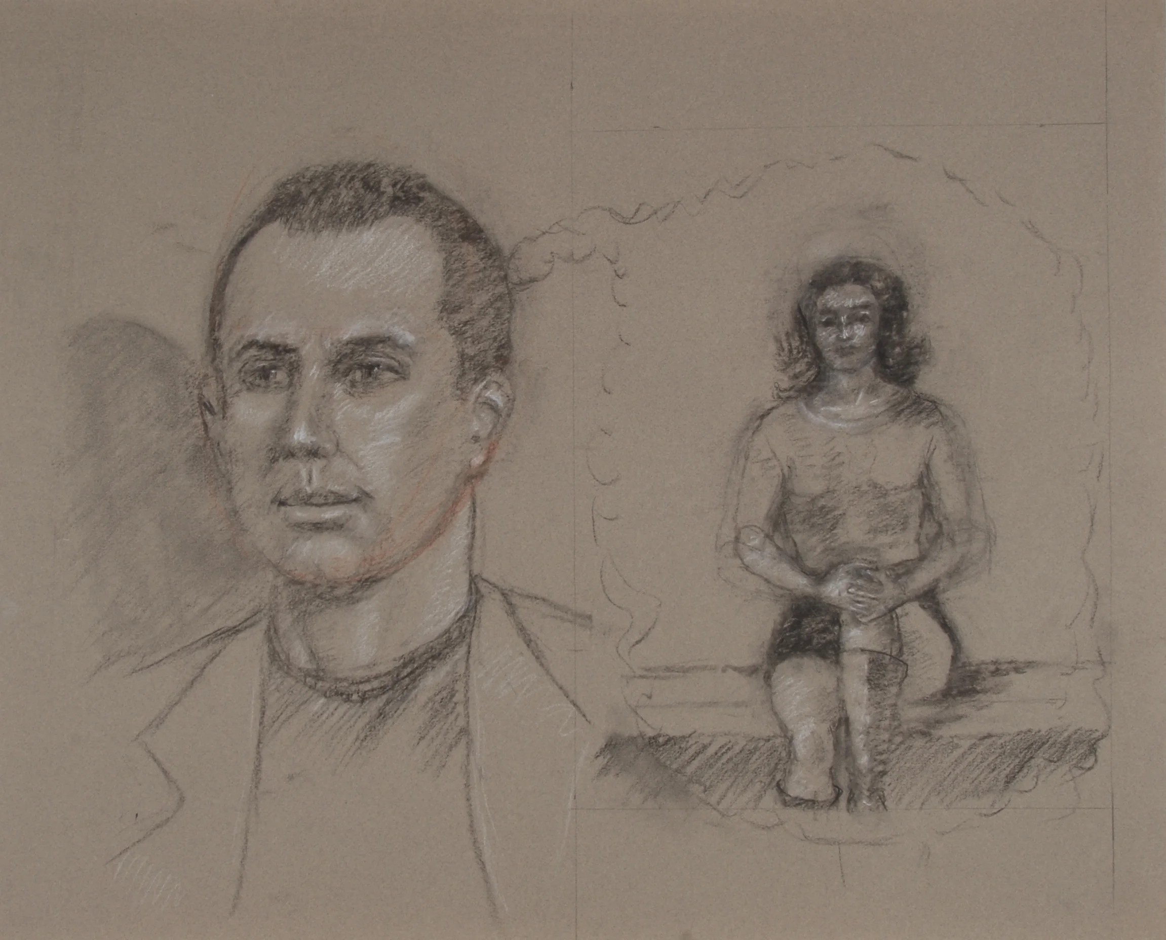 Image #0100: Man in a blazer on left, woman sitting on right holding her knee