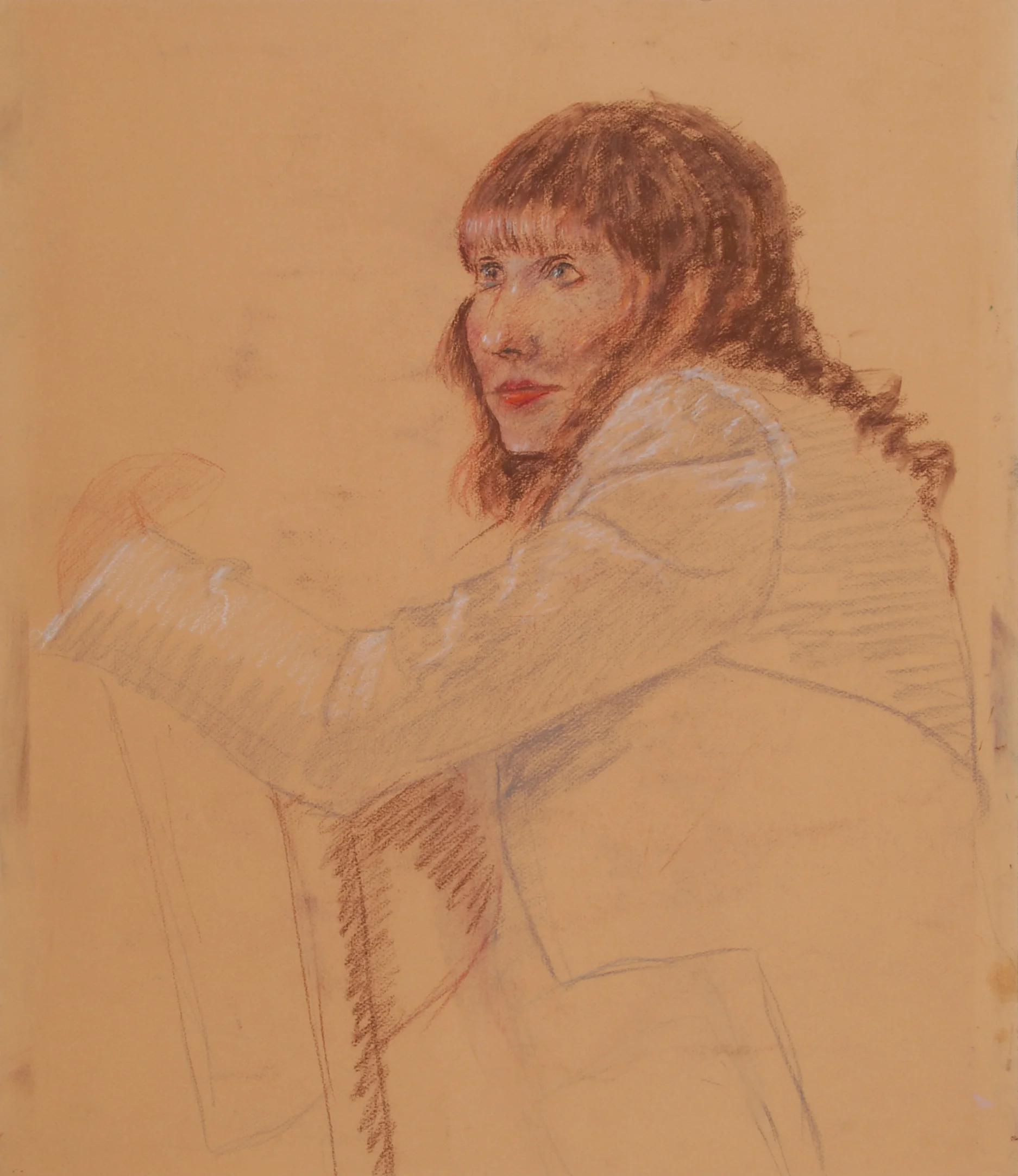 Image #0103: Caucasian woman sitting astride chair, brown hair, beige background