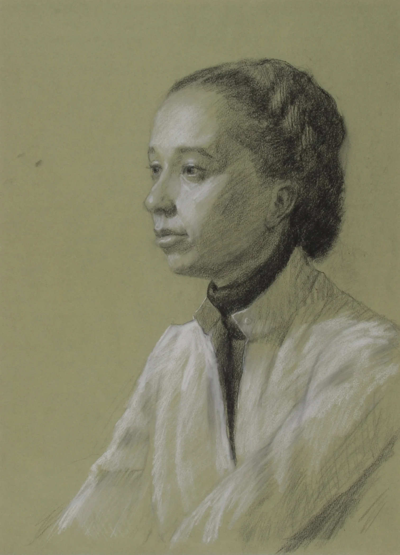 Image #0110: Woman with two braids pinned up around her head, black turtleneck, white jacket, looking left