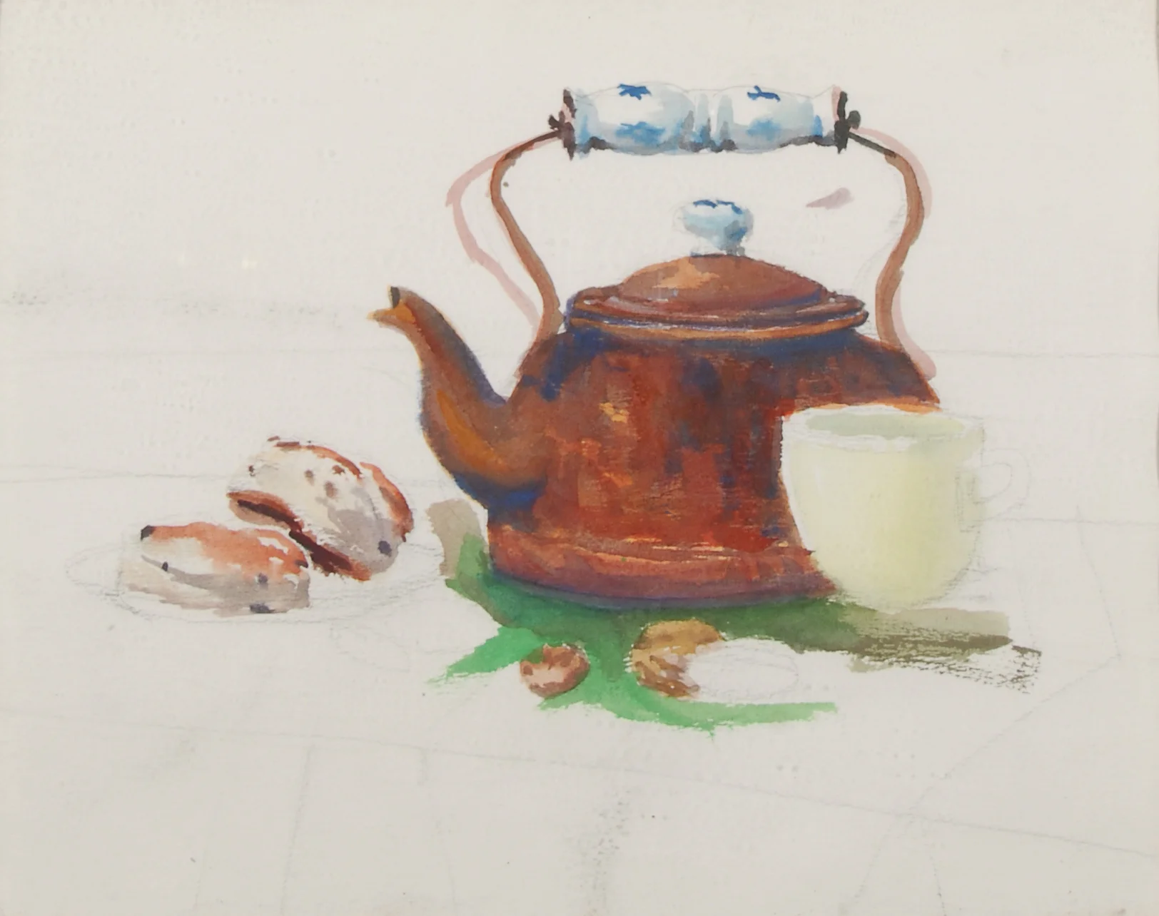 Image #0357a: Copper tea kettle with blue and white handle with biscuits and a white cup