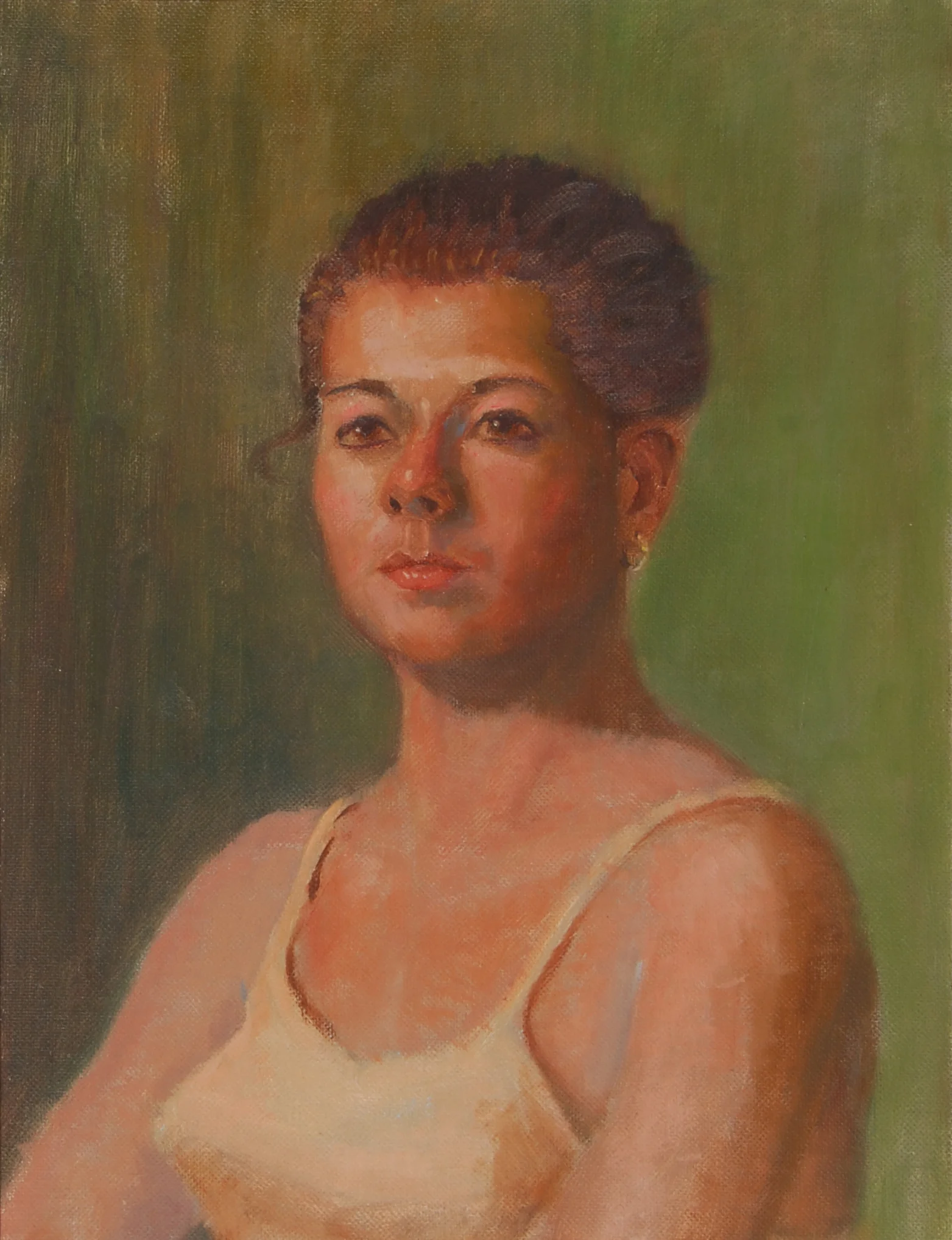 Image #0371: Woman with hair in bun, gold hoop earrings, wearing a white tank top, green background