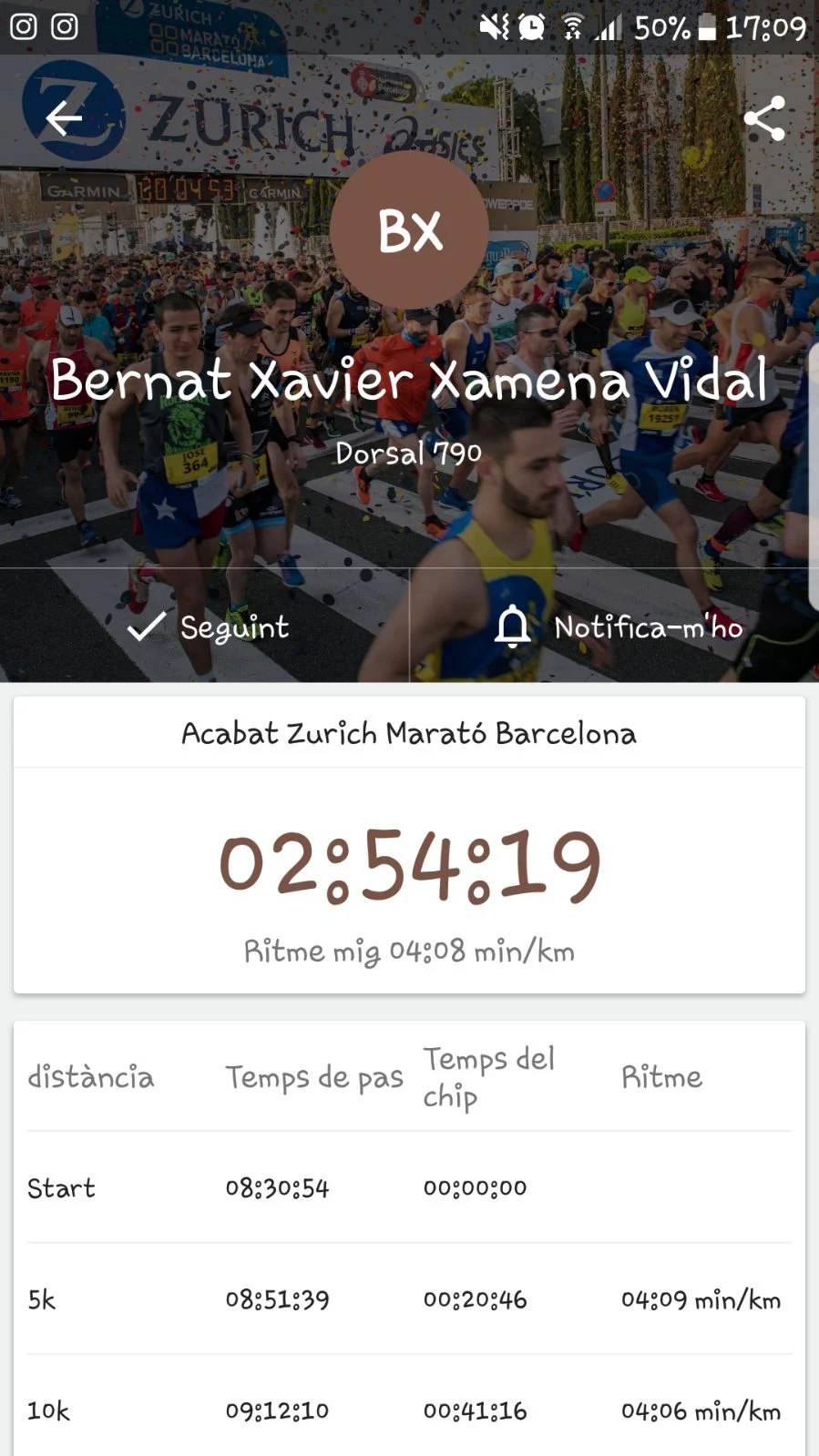 The screenshot Bernat sent to his coach Jo after the race.