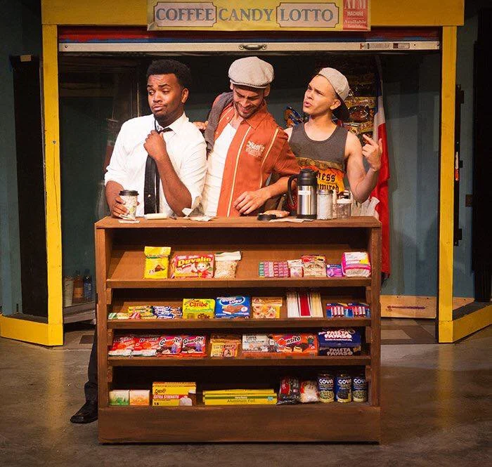 Frankie Leo Bennett as Sonny with Stephen Allen (Benny) and Jack DeCesare (Usnavi) IN THE HEIGHTS | Porchlight Music Theatre Photo: Gretchen Kelley